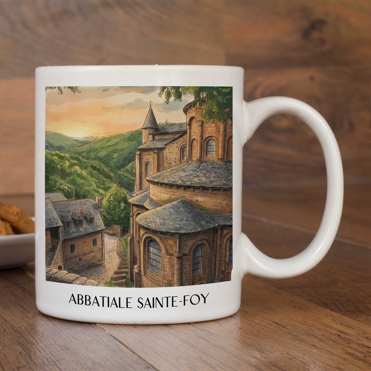 abbatiale-sainte-foy-conques-frankreich-kaffeebecher-aquarell