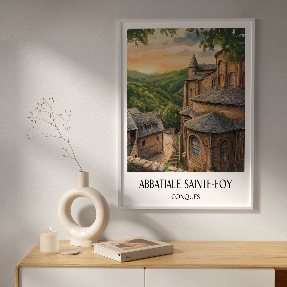 abbatiale-sainte-foy-conques-frankreich-poster-aquarell
