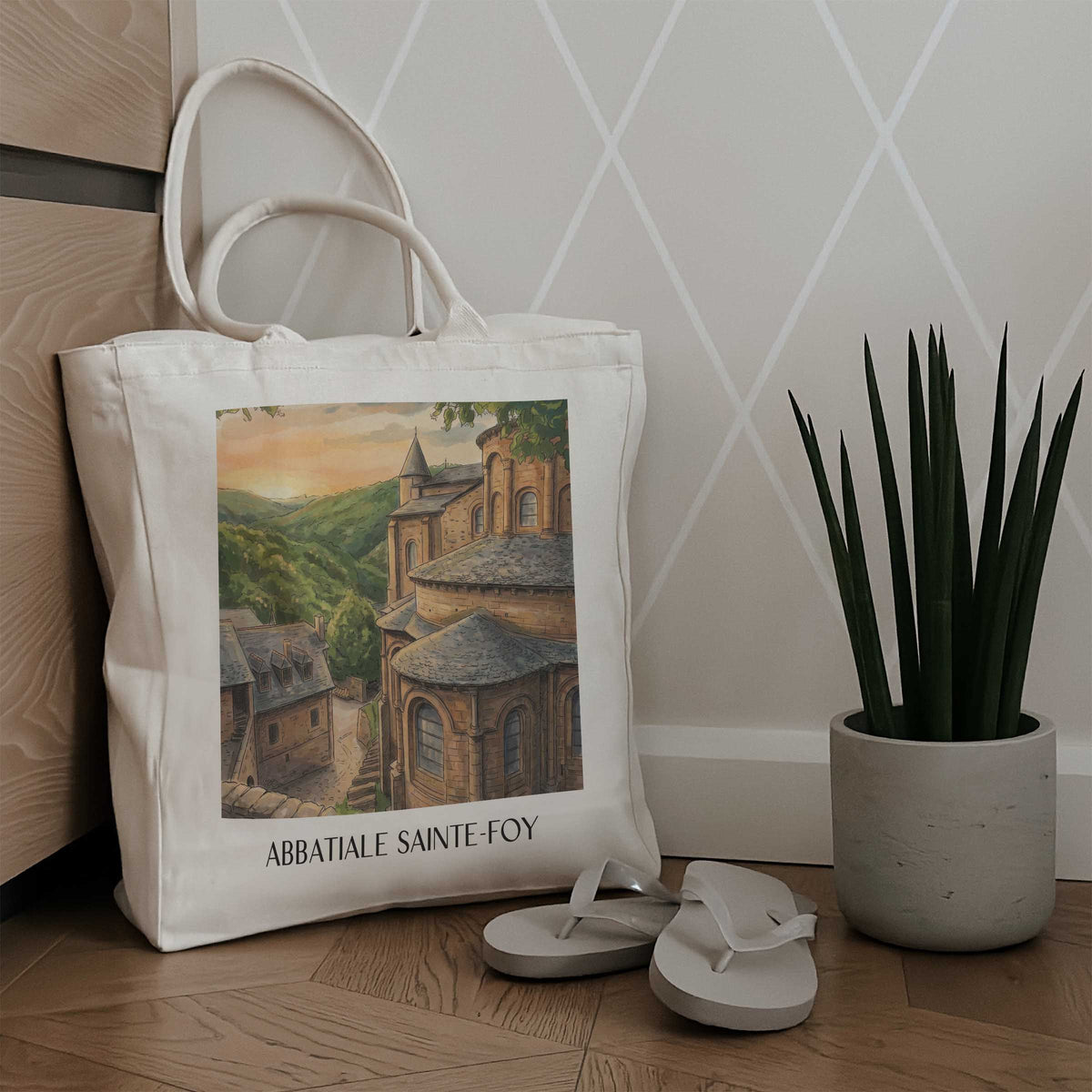 abbatiale-sainte-foy-conques-frankreich-einkaufstasche-aquarell
