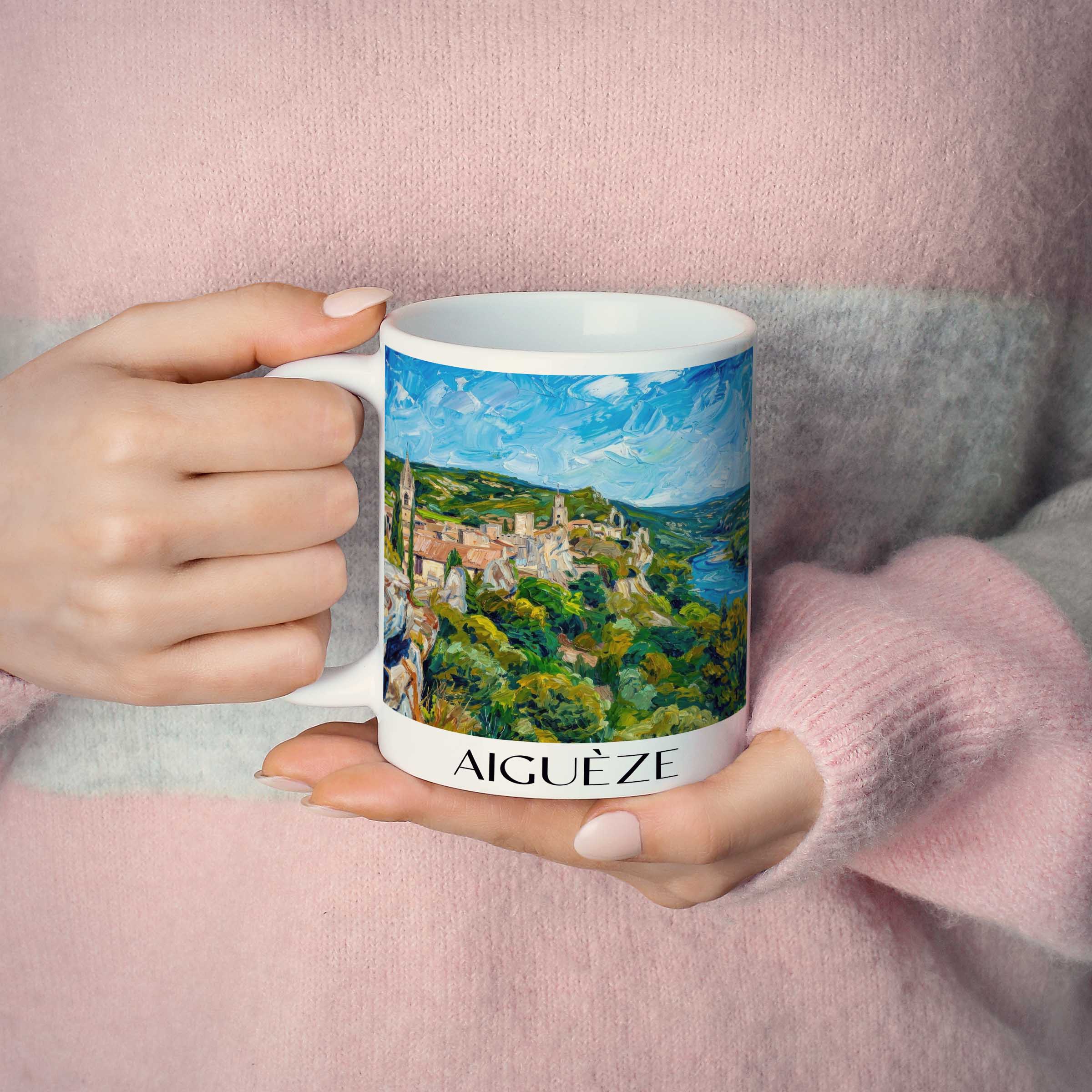 aiguèze-cèze-frankreich-kaffeebecher-oil-painting-oelgemaelde