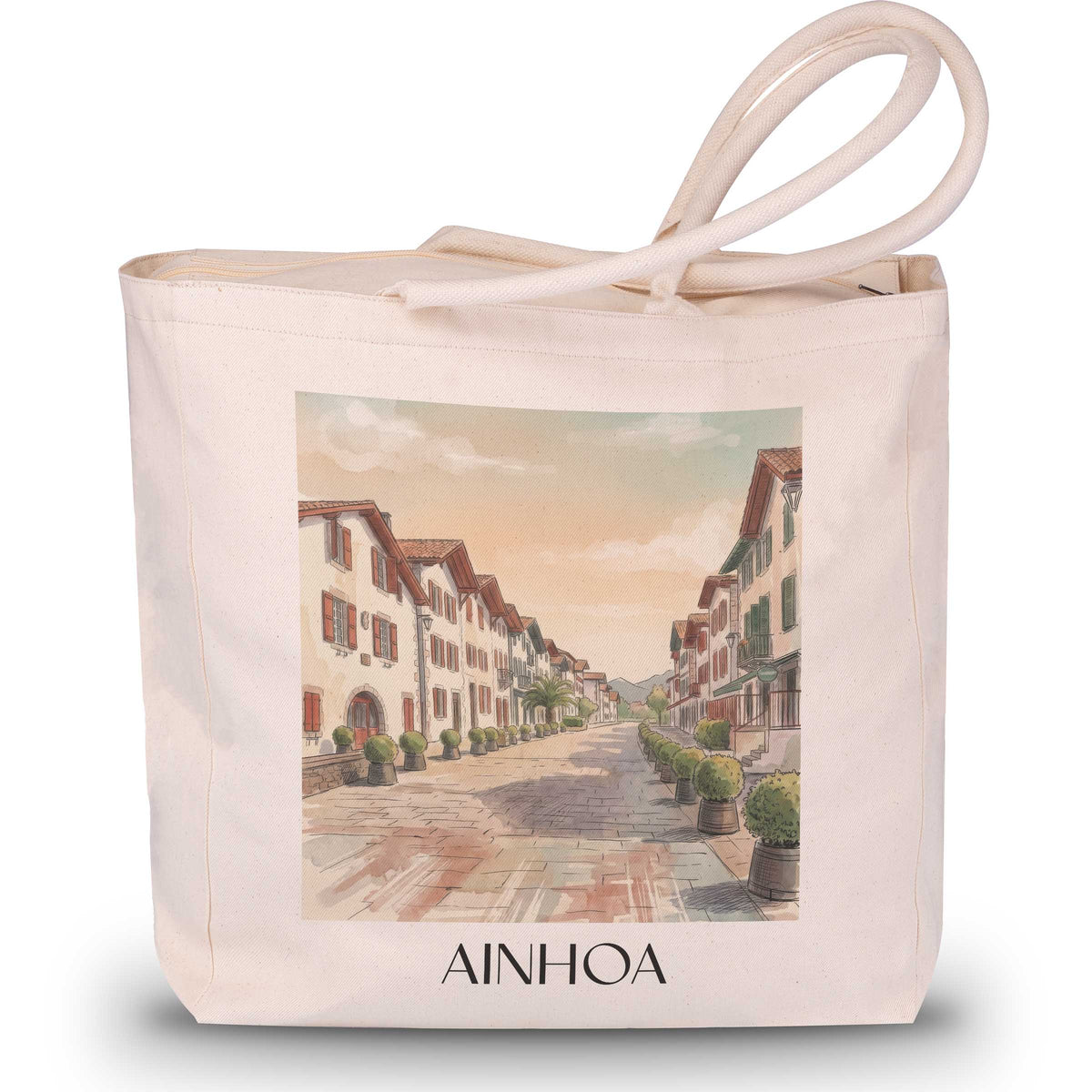 ainhoa-pays-basque-frankreich-einkaufstasche-aquarell