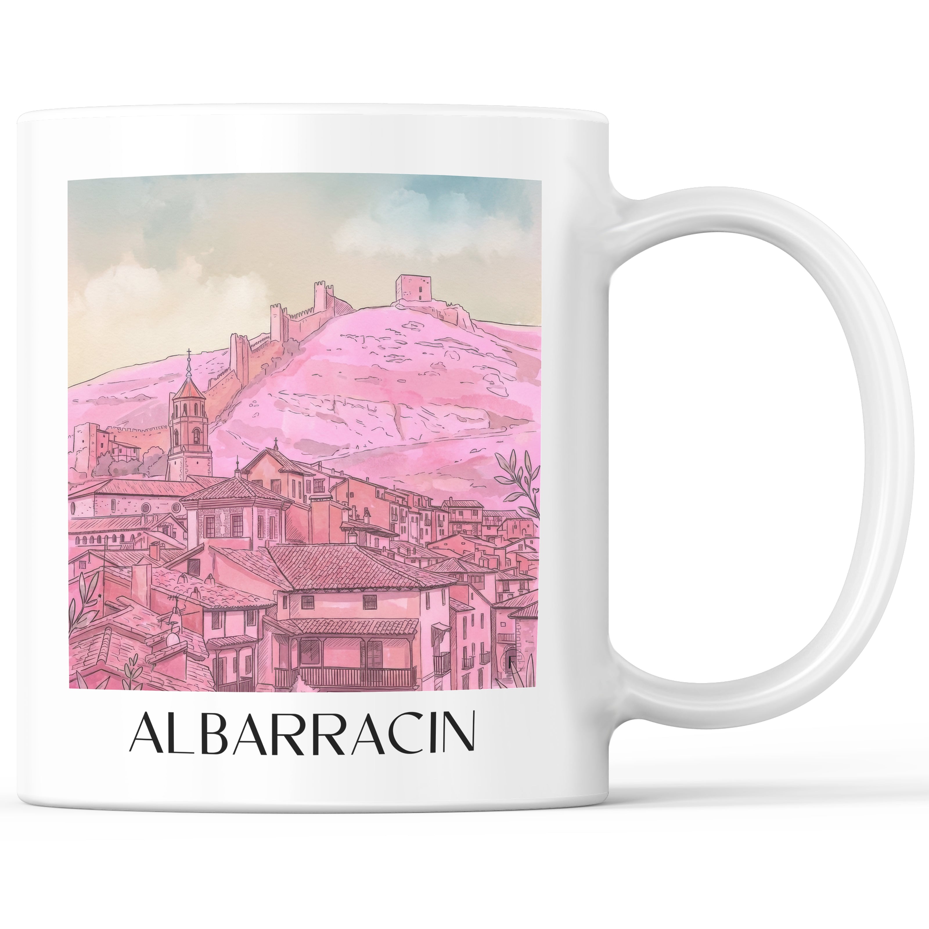 Albarracín Kaffeebecher - Spanien - Spanien und Spanien Becher - Kaffeetasse im Aquarell Pink Stil - favplace
