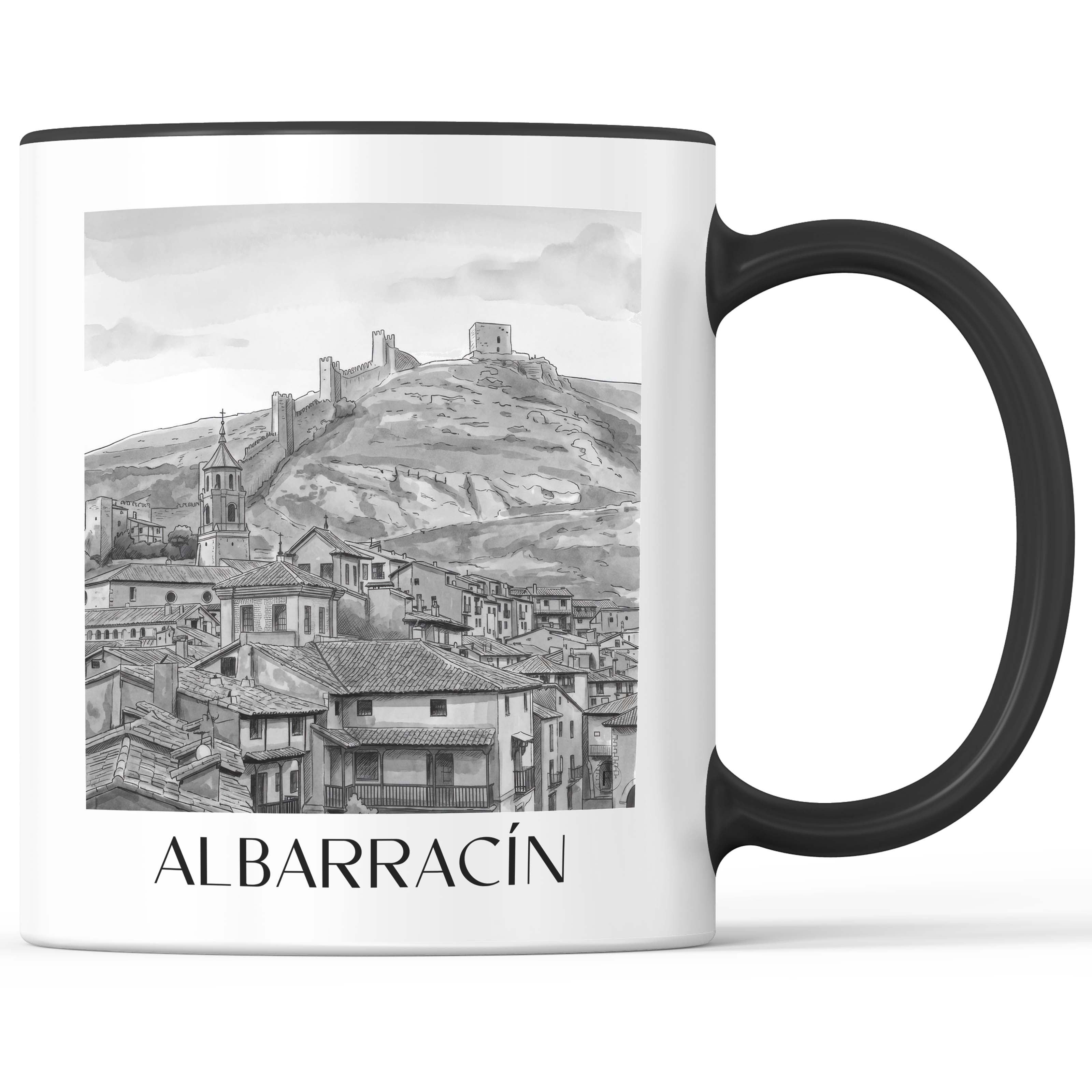 albarracín-spanien-spanien-und-spanien-kaffeebecher-aquarell-schwarz-weiss