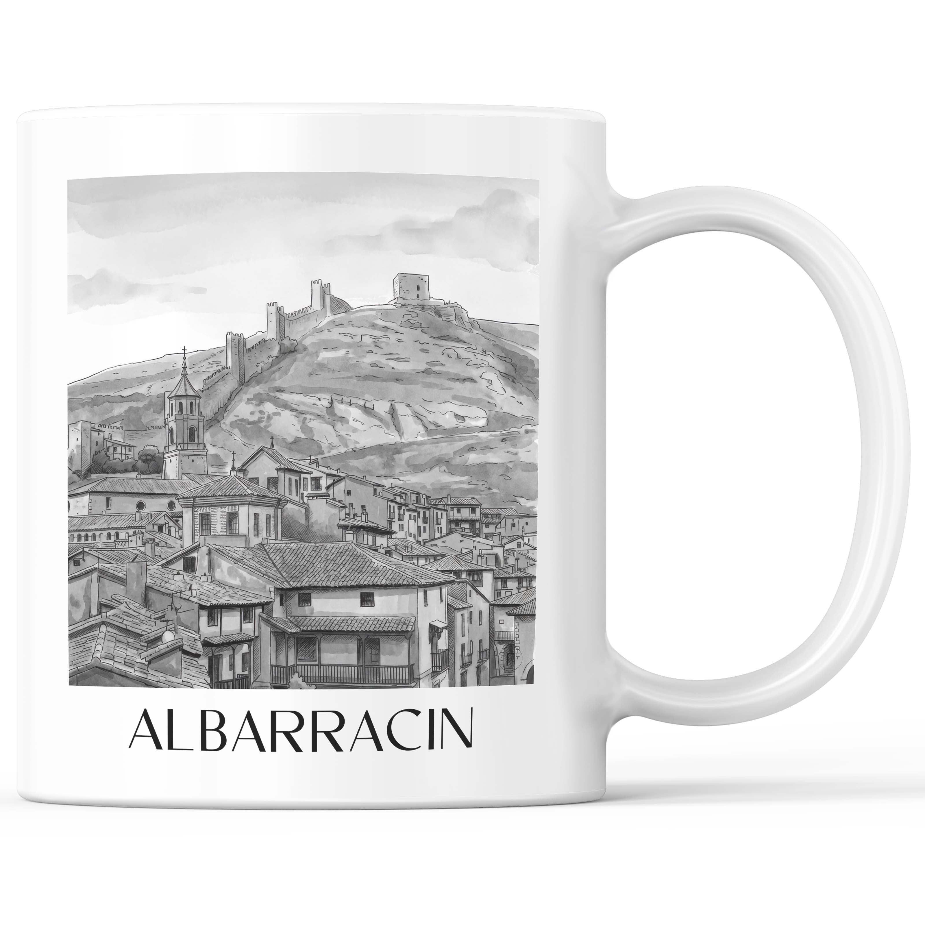 Albarracín Kaffeebecher - Spanien - Spanien und Spanien Becher - Kaffeetasse im Aquarell Schwarz-Weiß Stil - favplace