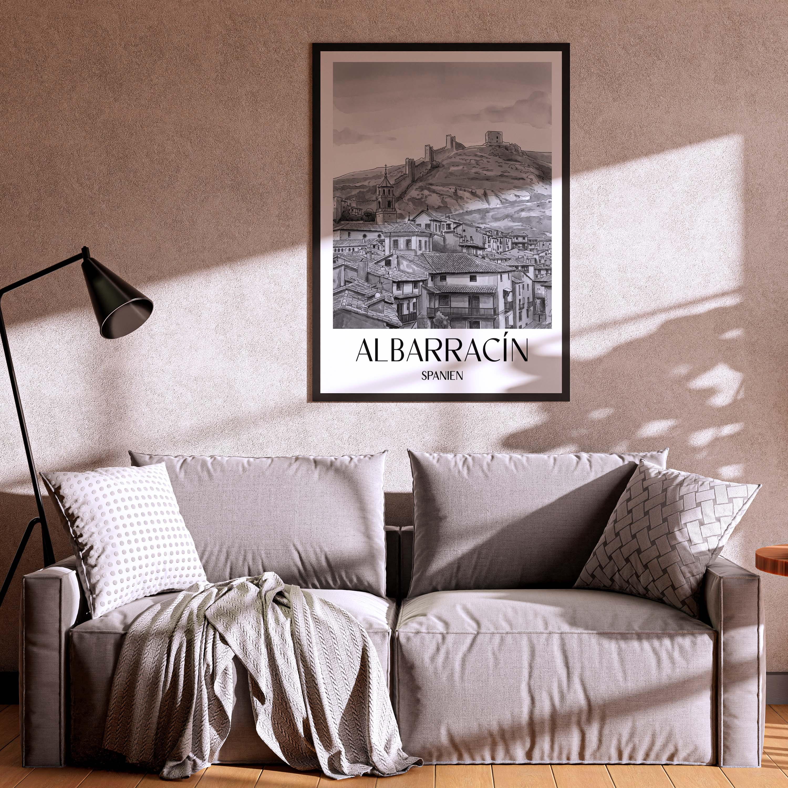 albarracín-spanien-spanien-poster-aquarell-schwarz-weiss