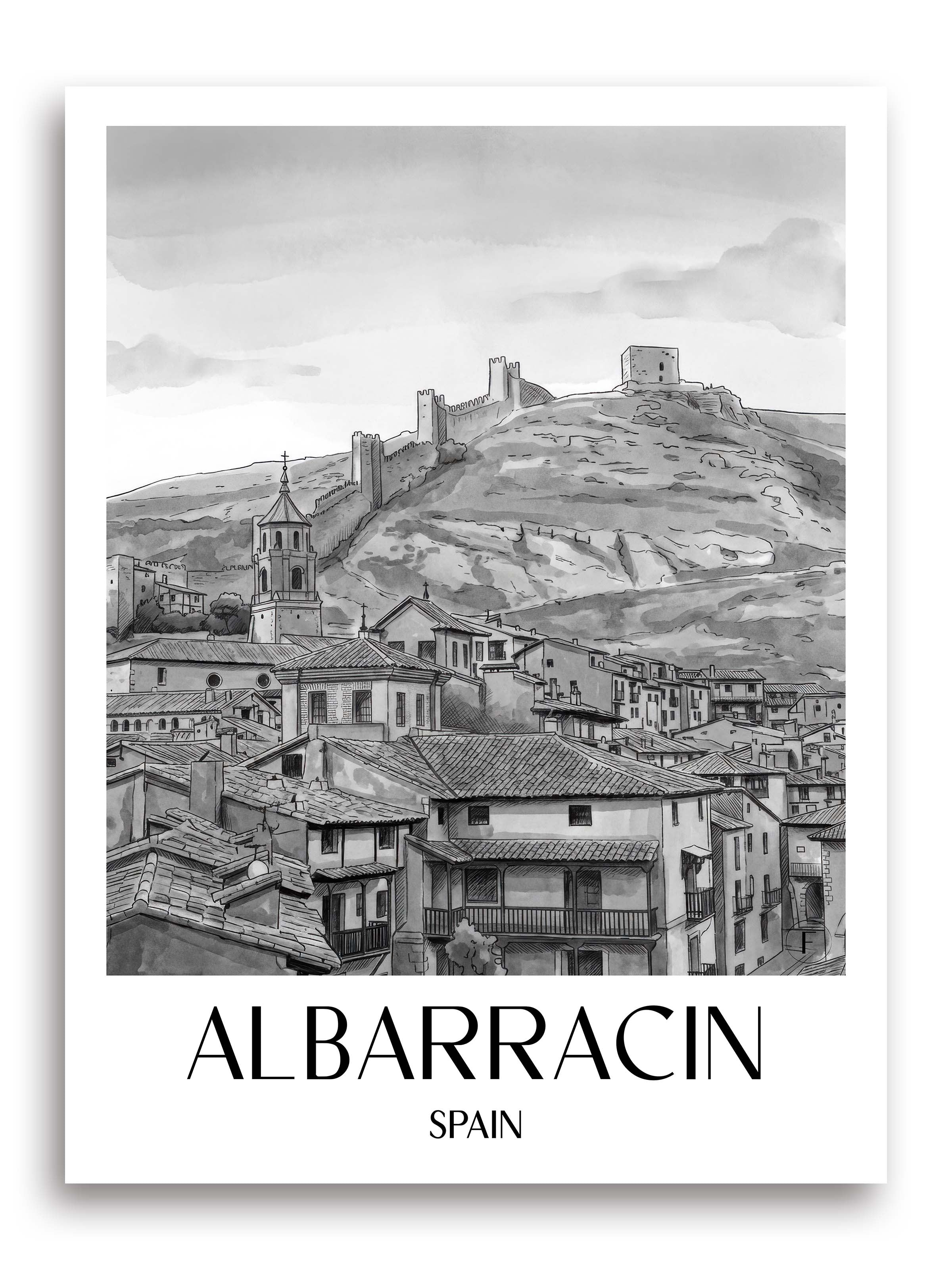 Albarracín Poster - Spanien - Spanien Kunstdruck - Aquarell Schwarz-Weiß von A4 bis A1 - favplace