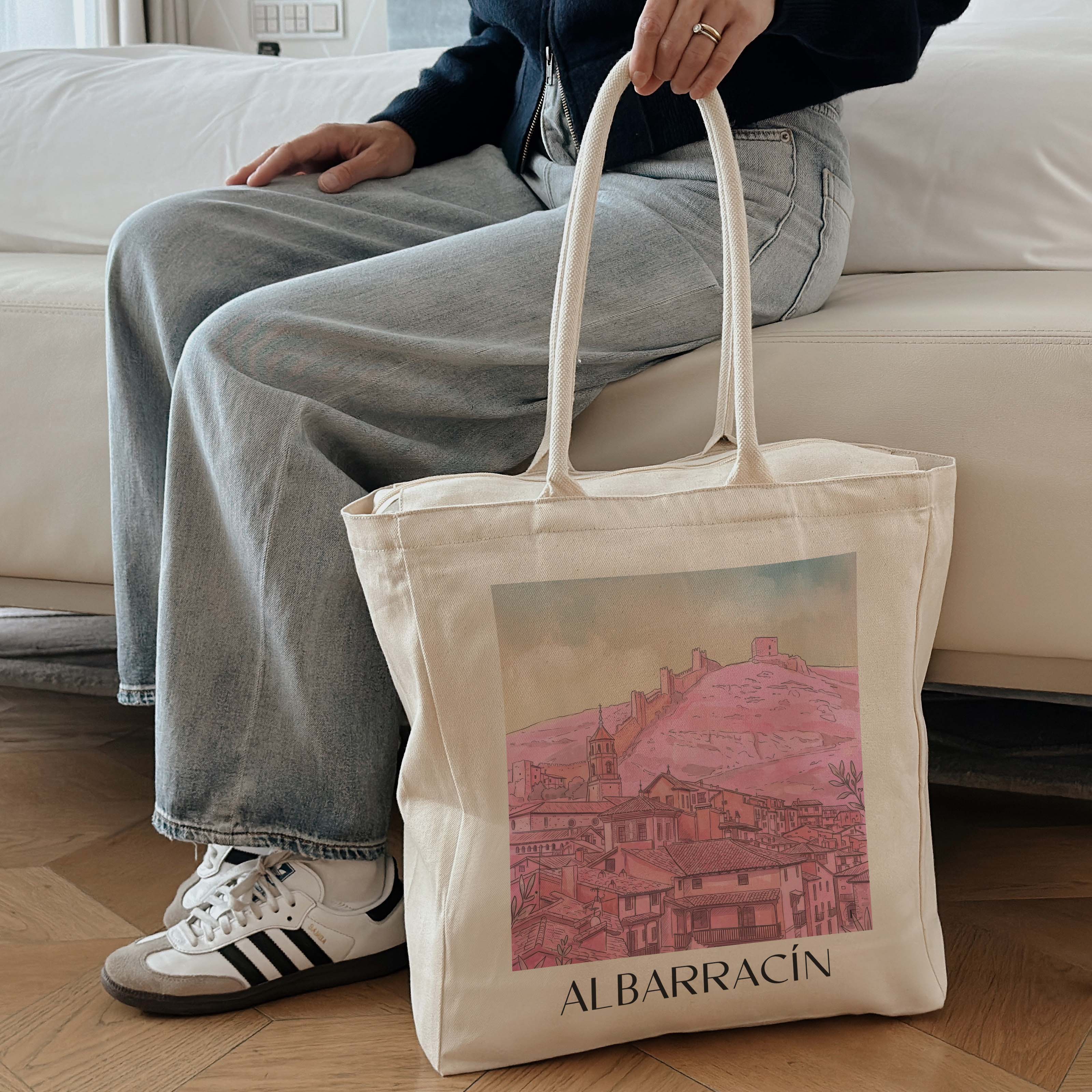 albarracín-spanien-spanien-einkaufstasche-aquarell-pink-rosa