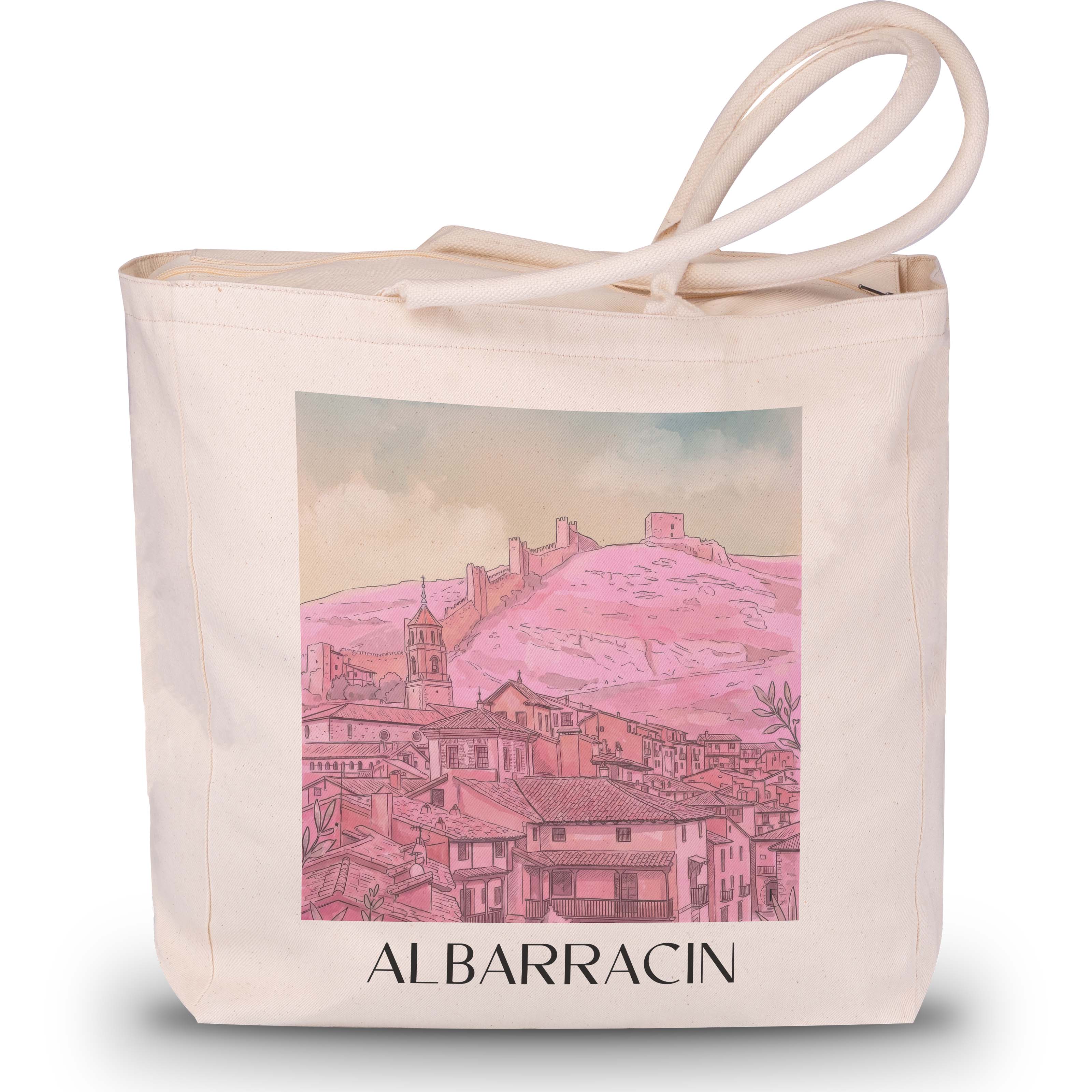 Albarracín Shopping Tasche - Spanien - Spanien Tote Bag - Einkaufstasche im Aquarell Pink Stil - favplace