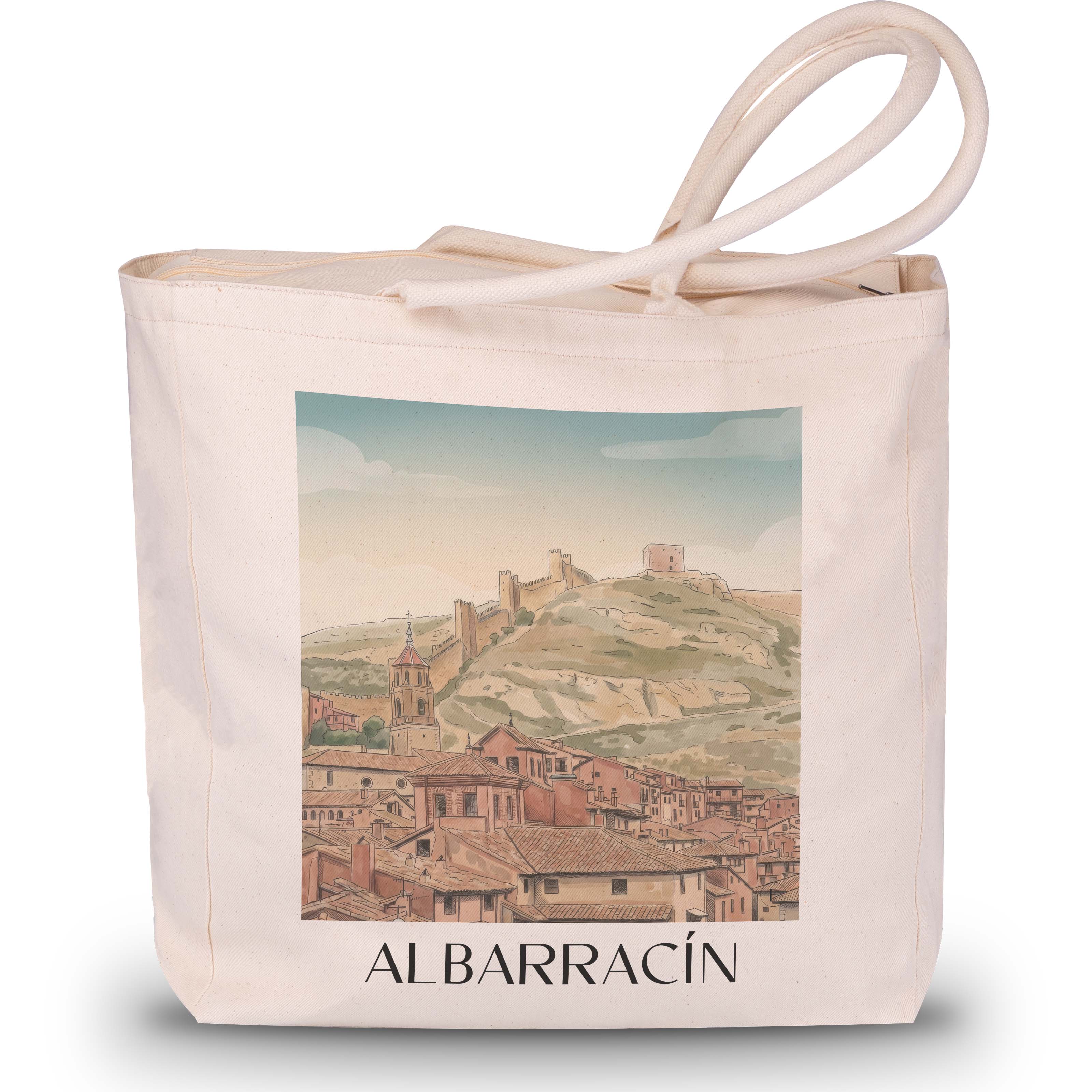 albarracín-spanien-spanien-einkaufstasche-aquarell