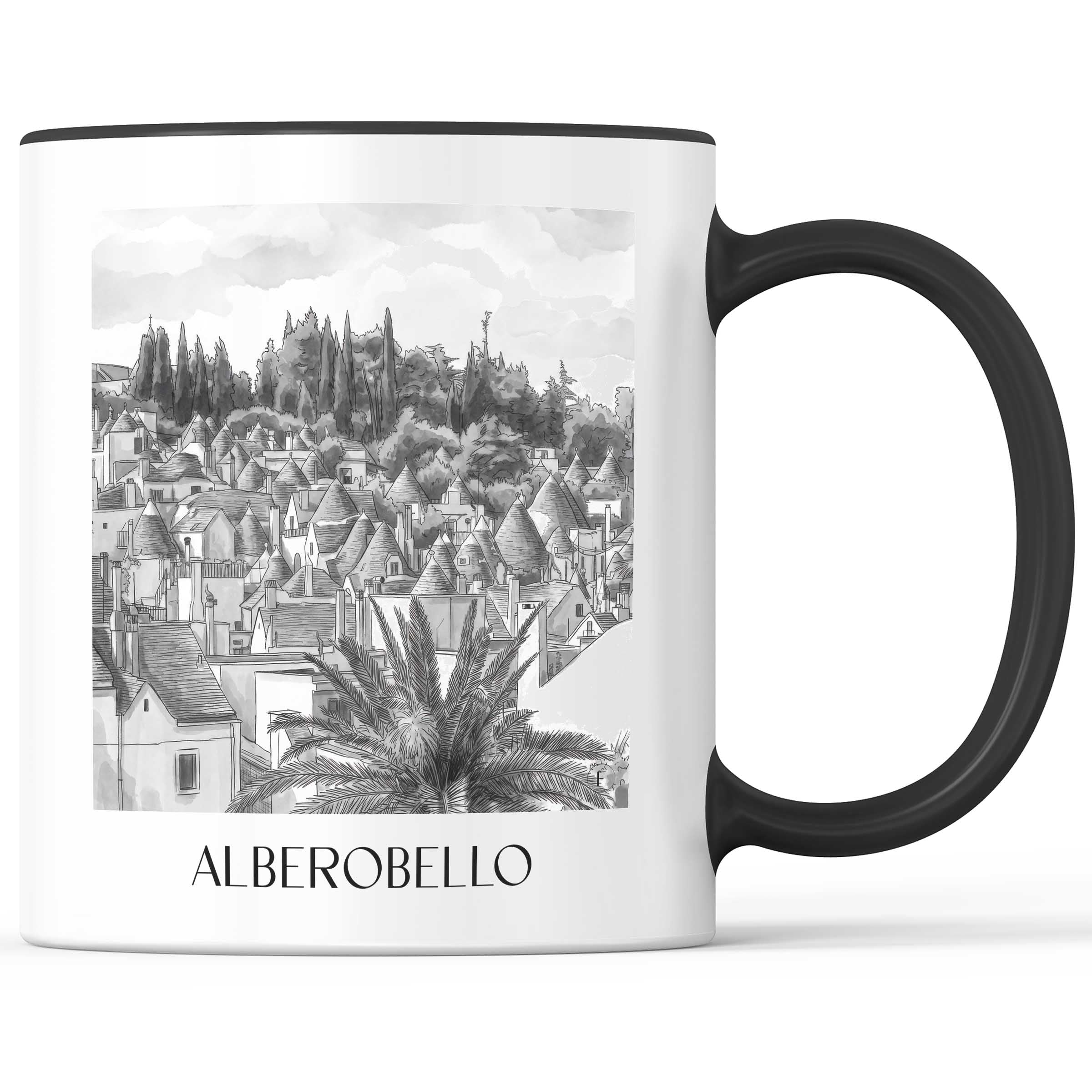 Alberobello - Italien Becher - Kaffeetasse im Aquarell Schwarz-Weiß Stil - favplace