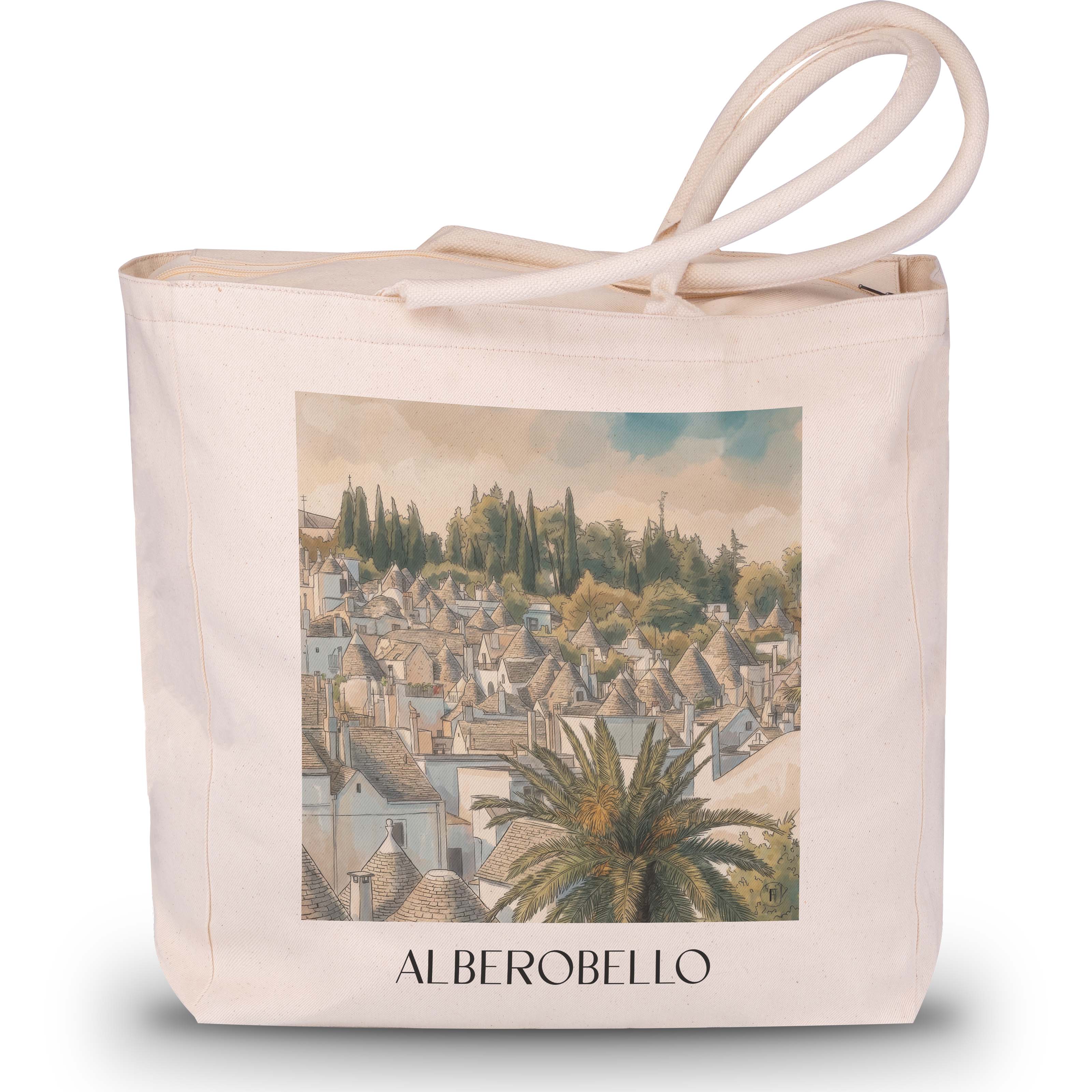 Alberobello - Italien Tote Bag - Einkaufstasche im Aquarell Stil - favplace