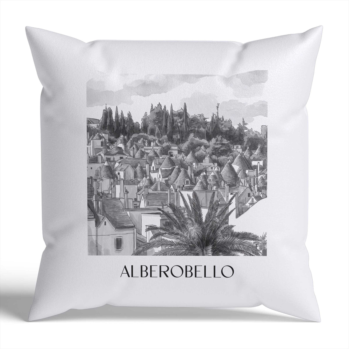 Alberobello Kissenhülle - Zierkissen Bezug - Italien - Italien Kissen bzw. Kissenbezug im Aquarell Schwarz-Weiß Stil - favplace