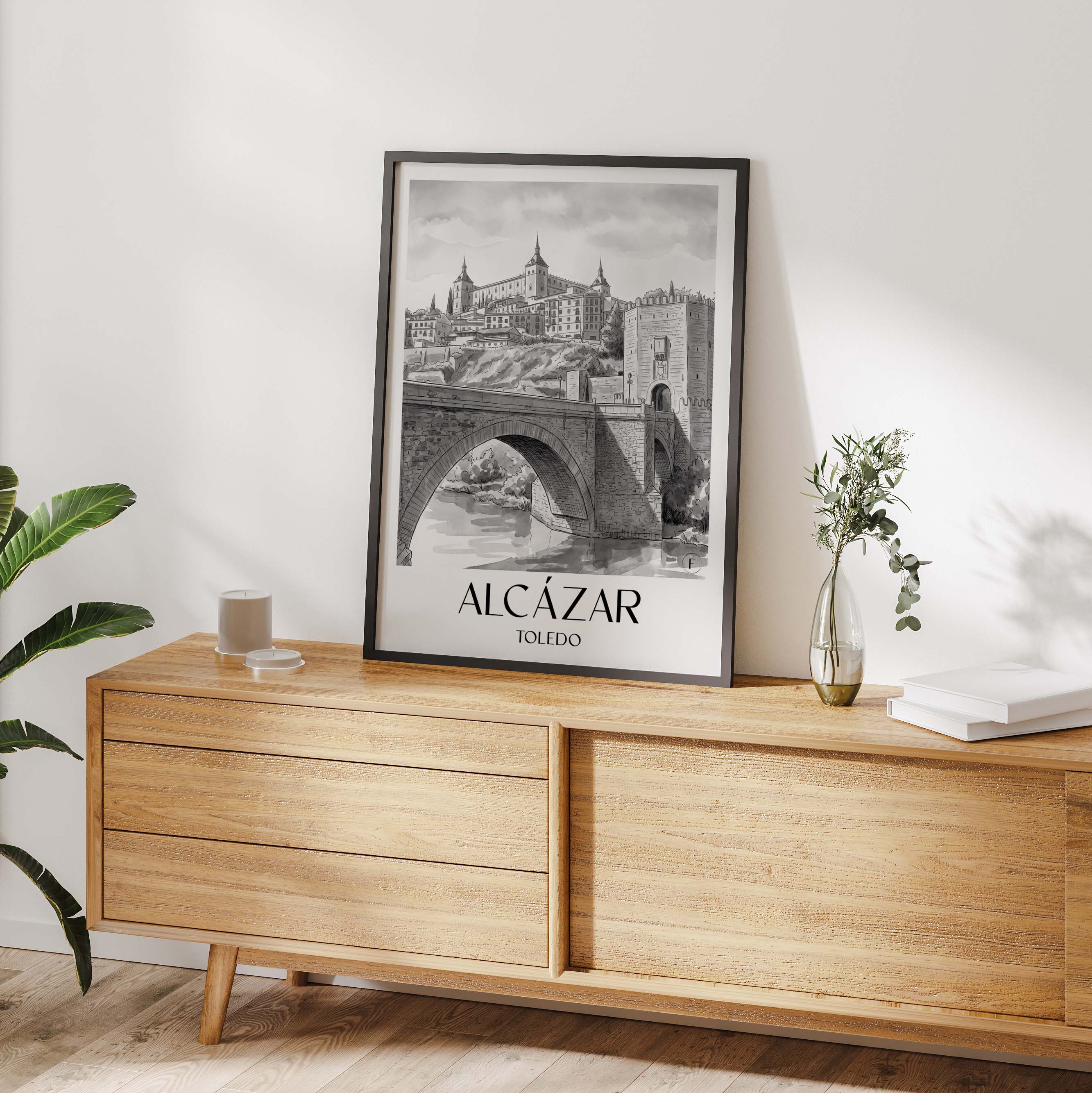 alcázar--toledo-spanien-poster-aquarell-schwarz-weiss