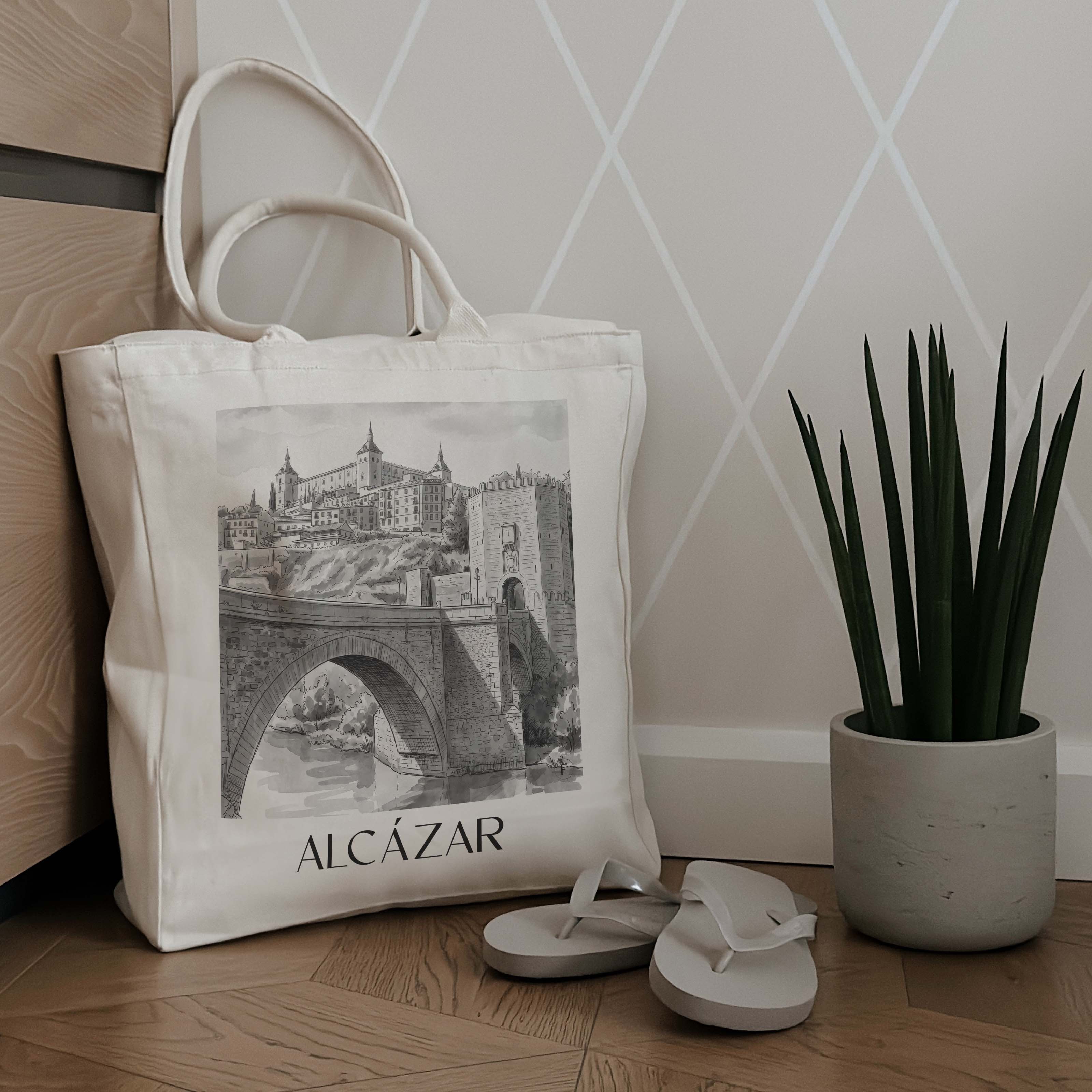 alcázar--toledo-spanien-einkaufstasche-aquarell-schwarz-weiss