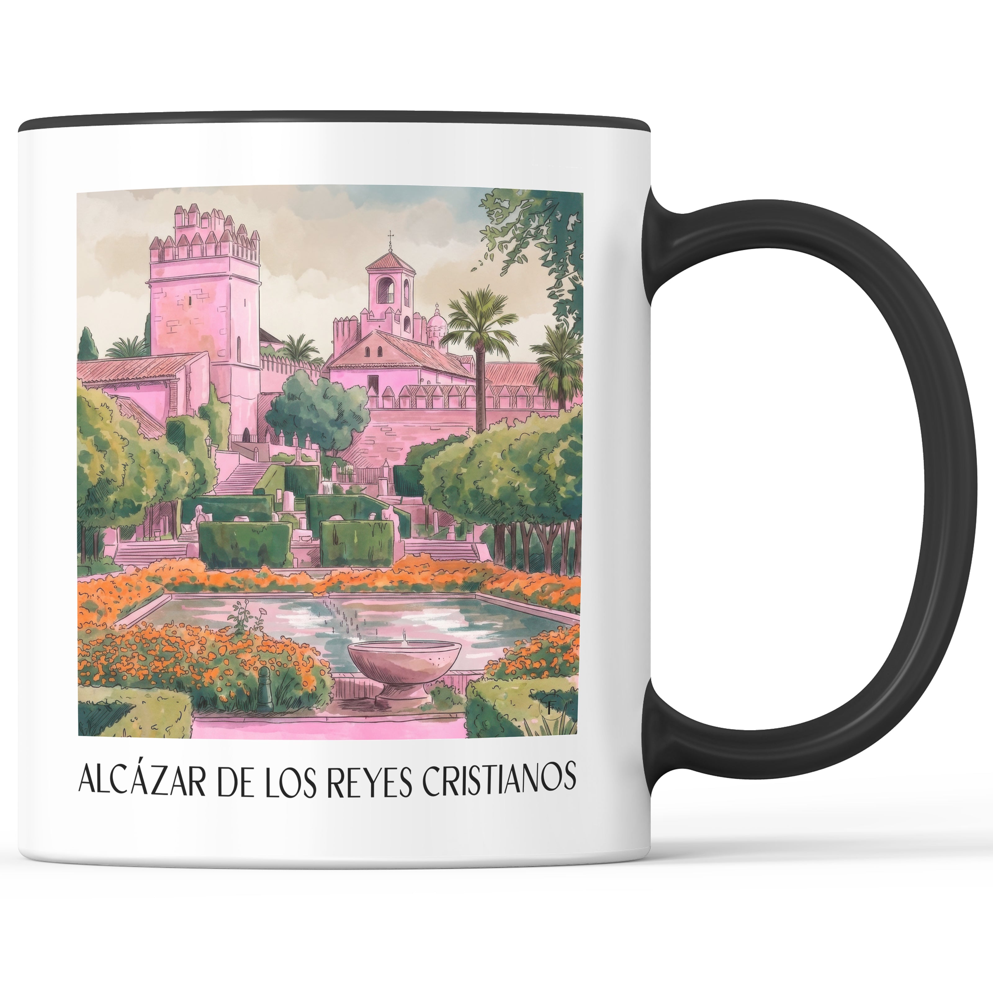 alcázar-de-los-reyes-cristianos-córdoba-spanien-kaffeebecher-aquarell-pink-rosa