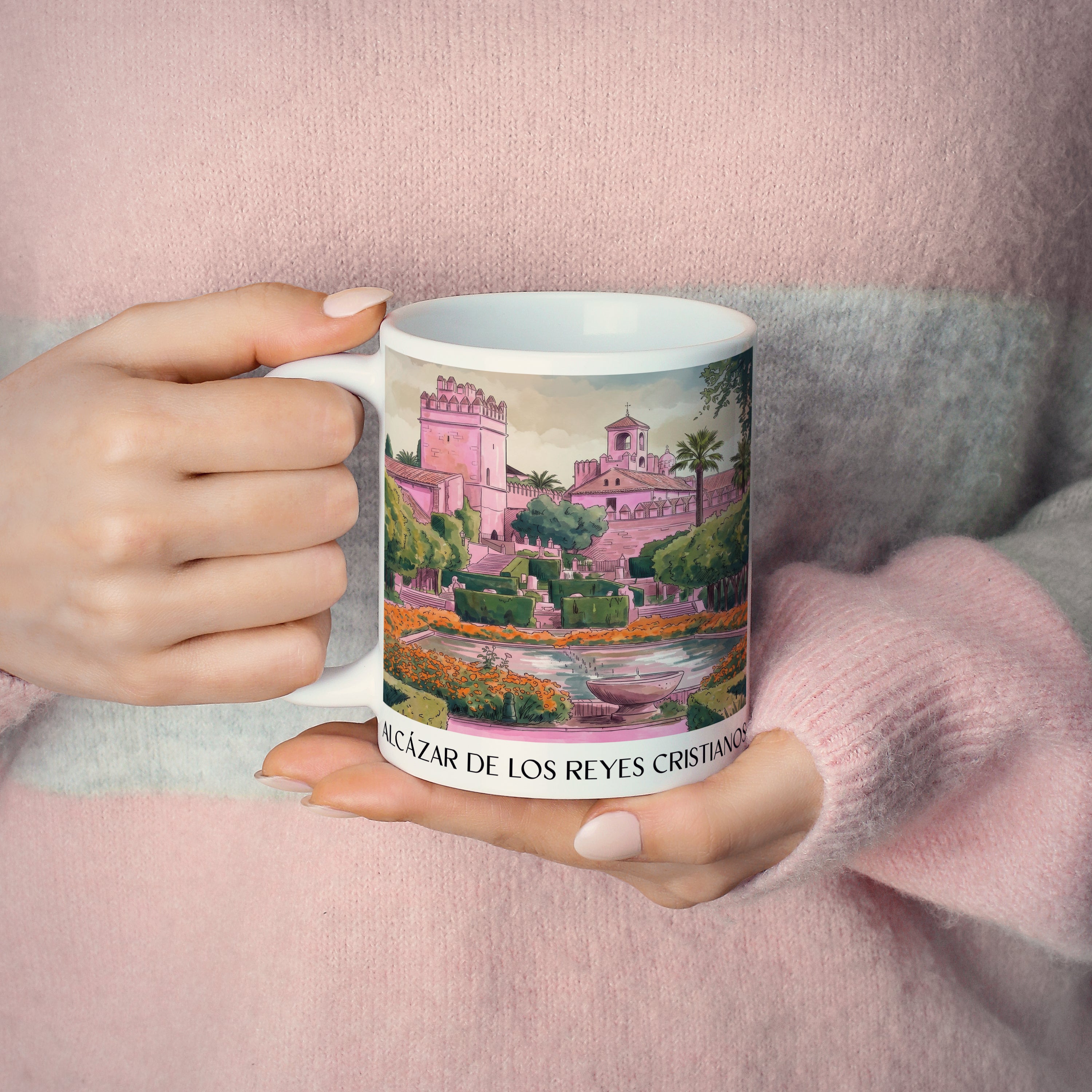alcázar-de-los-reyes-cristianos-córdoba-spanien-kaffeebecher-aquarell-pink-rosa