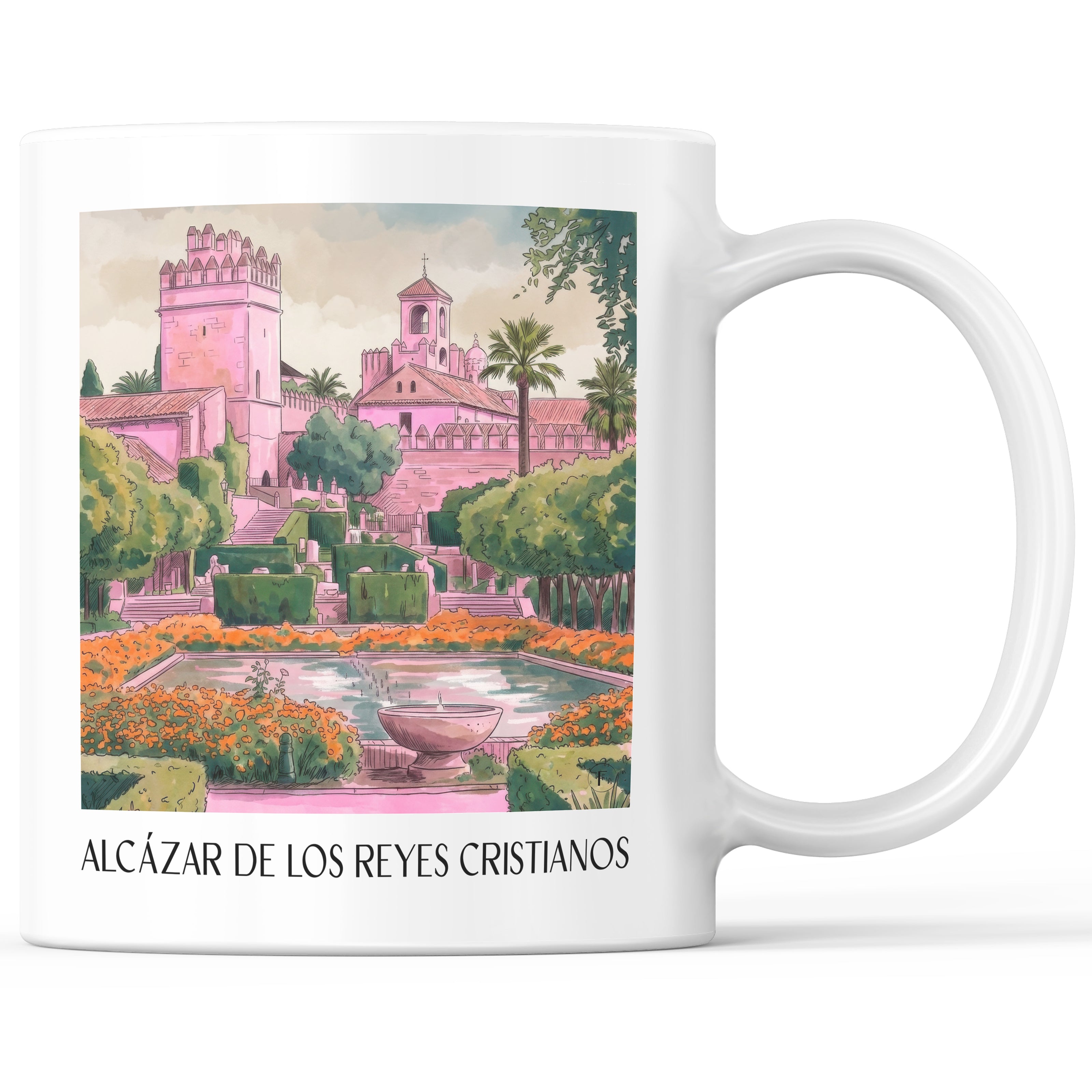 Alcázar de los Reyes Cristianos Kaffeebecher - Córdoba - Spanien Becher - Kaffeetasse im Aquarell Pink Stil - favplace