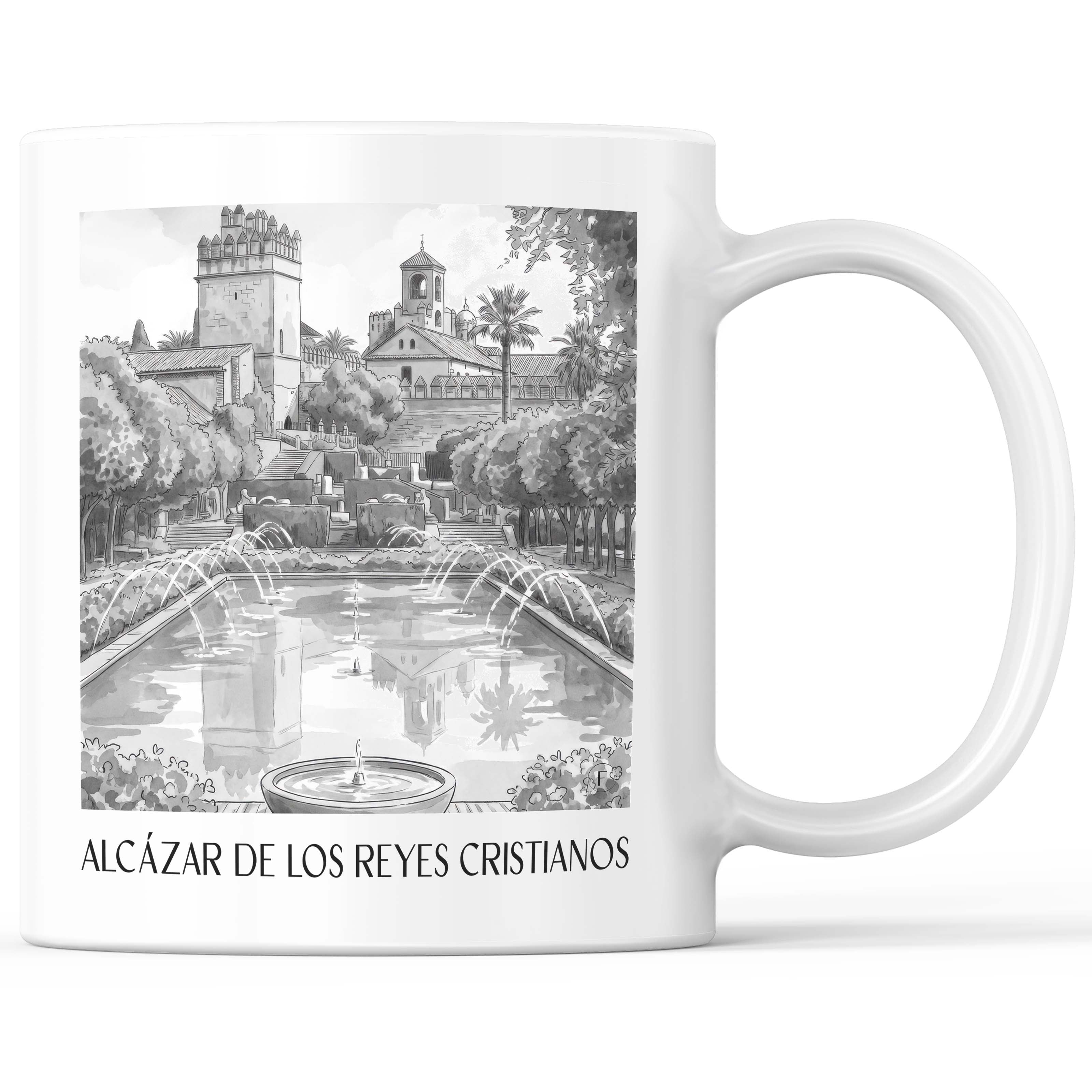 Alcázar de los Reyes Cristianos Kaffeebecher - Córdoba - Spanien Becher - Kaffeetasse im Aquarell Schwarz-Weiß Stil - favplace