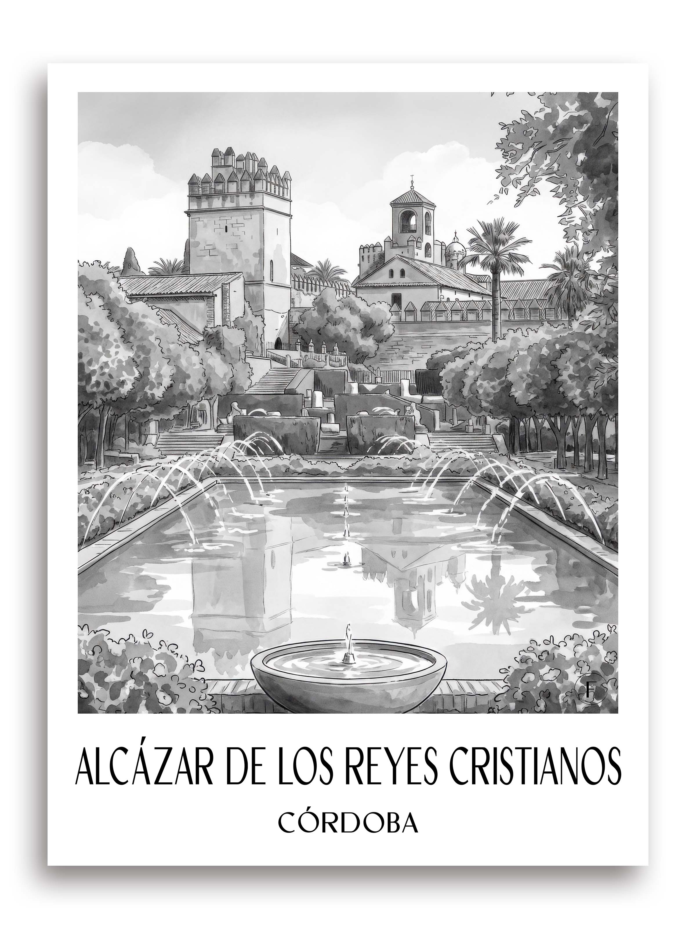 alcázar-de-los-reyes-cristianos-córdoba-spanien-poster-aquarell-schwarz-weiss