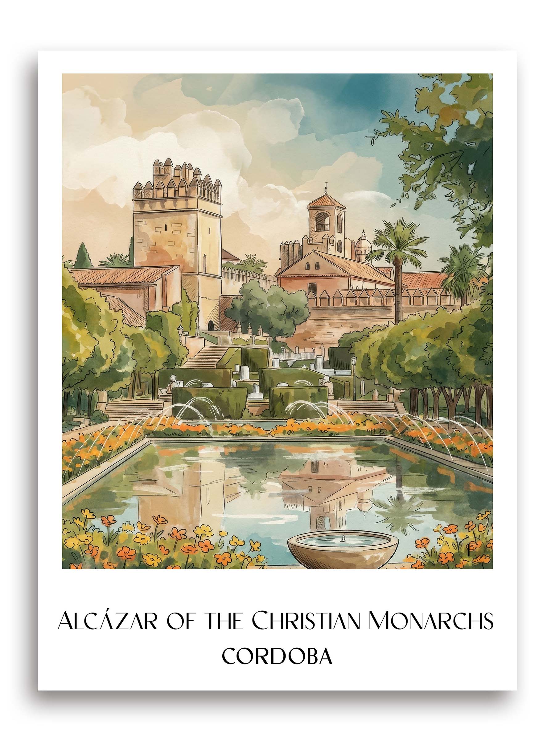Alcázar de los Reyes Cristianos Poster - Córdoba - Spanien Kunstdruck - Aquarell von A4 bis A1 - favplace