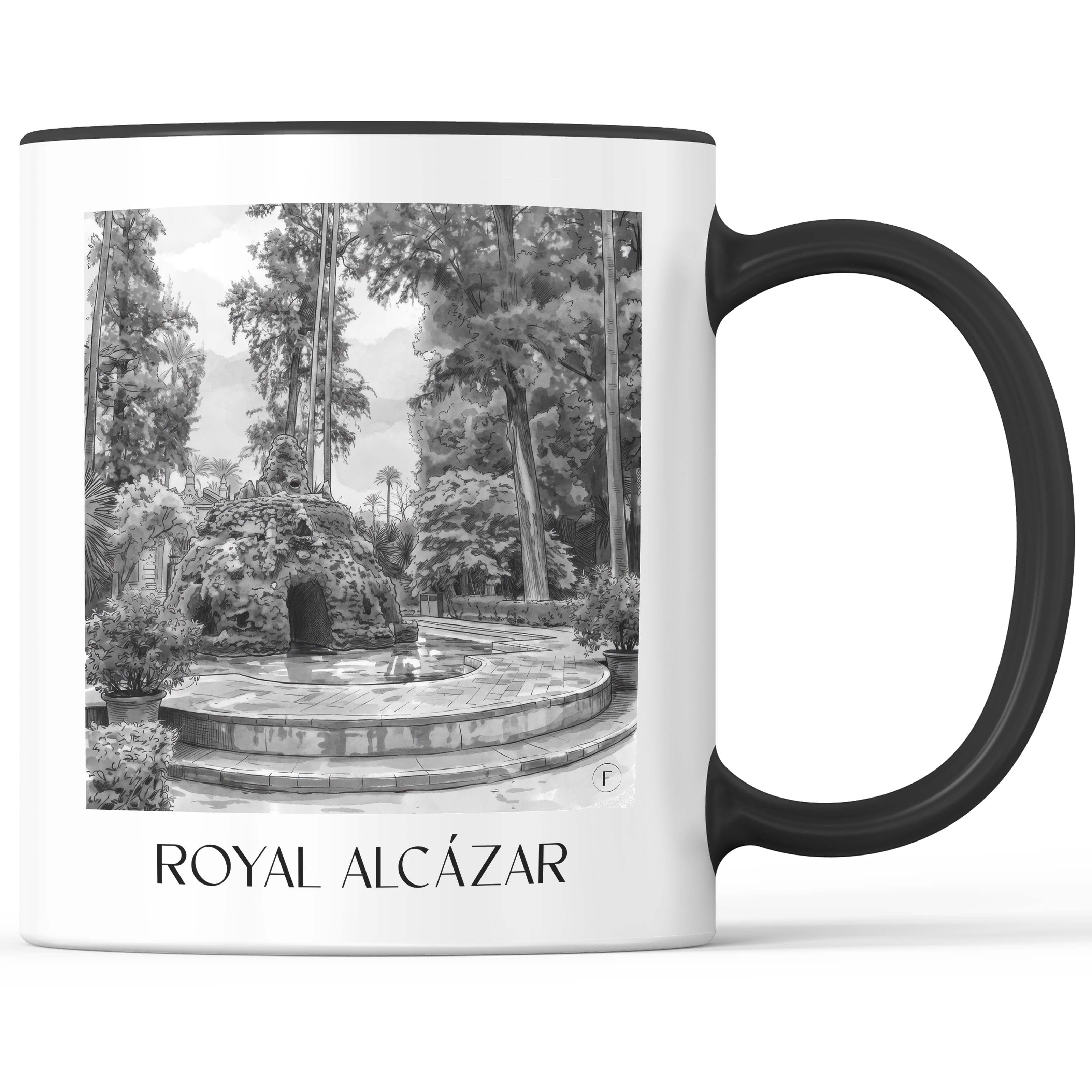 Alcazár Kaffeebecher - Sevilla - Spanien Becher - Kaffeetasse im Aquarell Schwarz-Weiß Stil - favplace