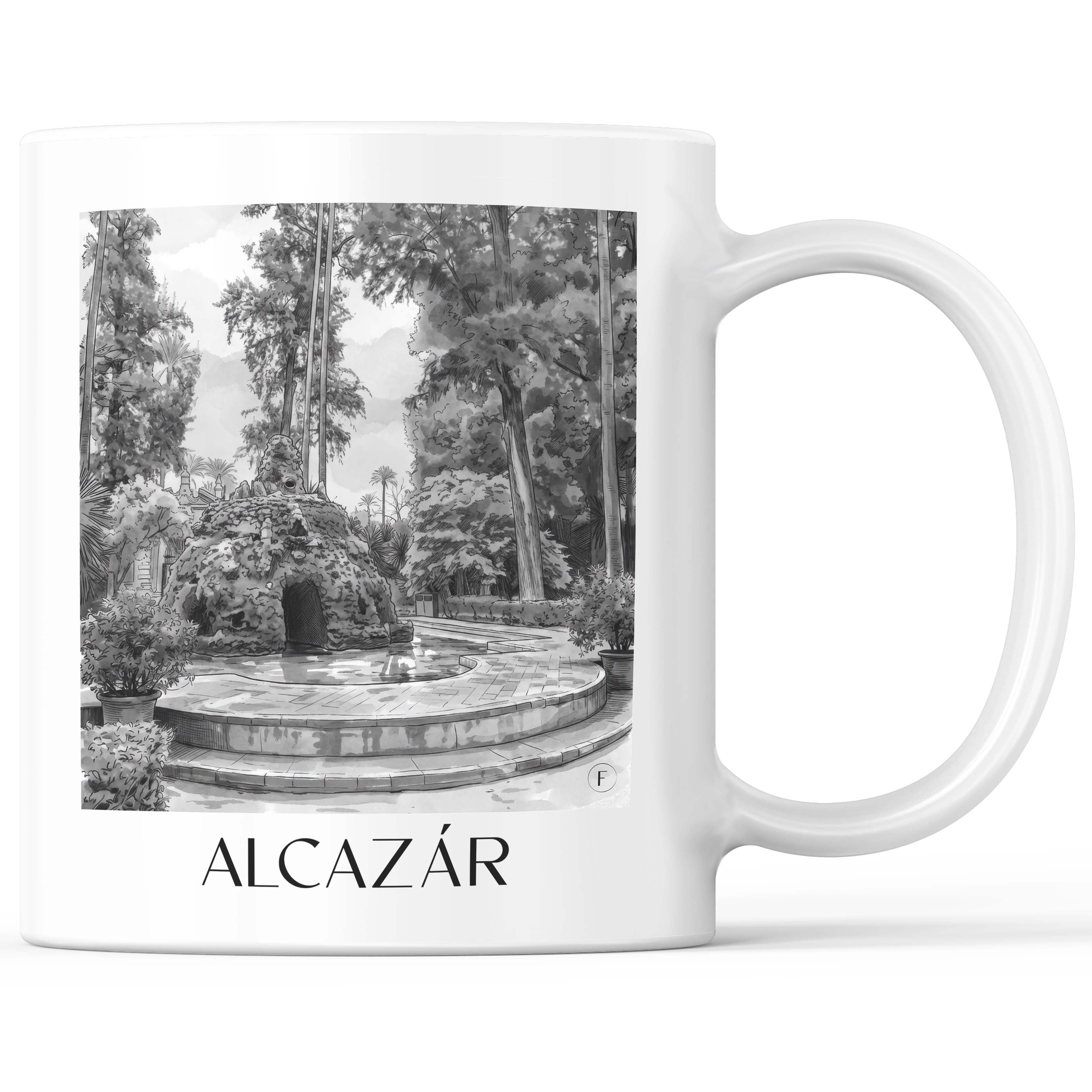 Alcazár Kaffeebecher - Sevilla - Spanien Becher - Kaffeetasse im Aquarell Schwarz-Weiß Stil - favplace