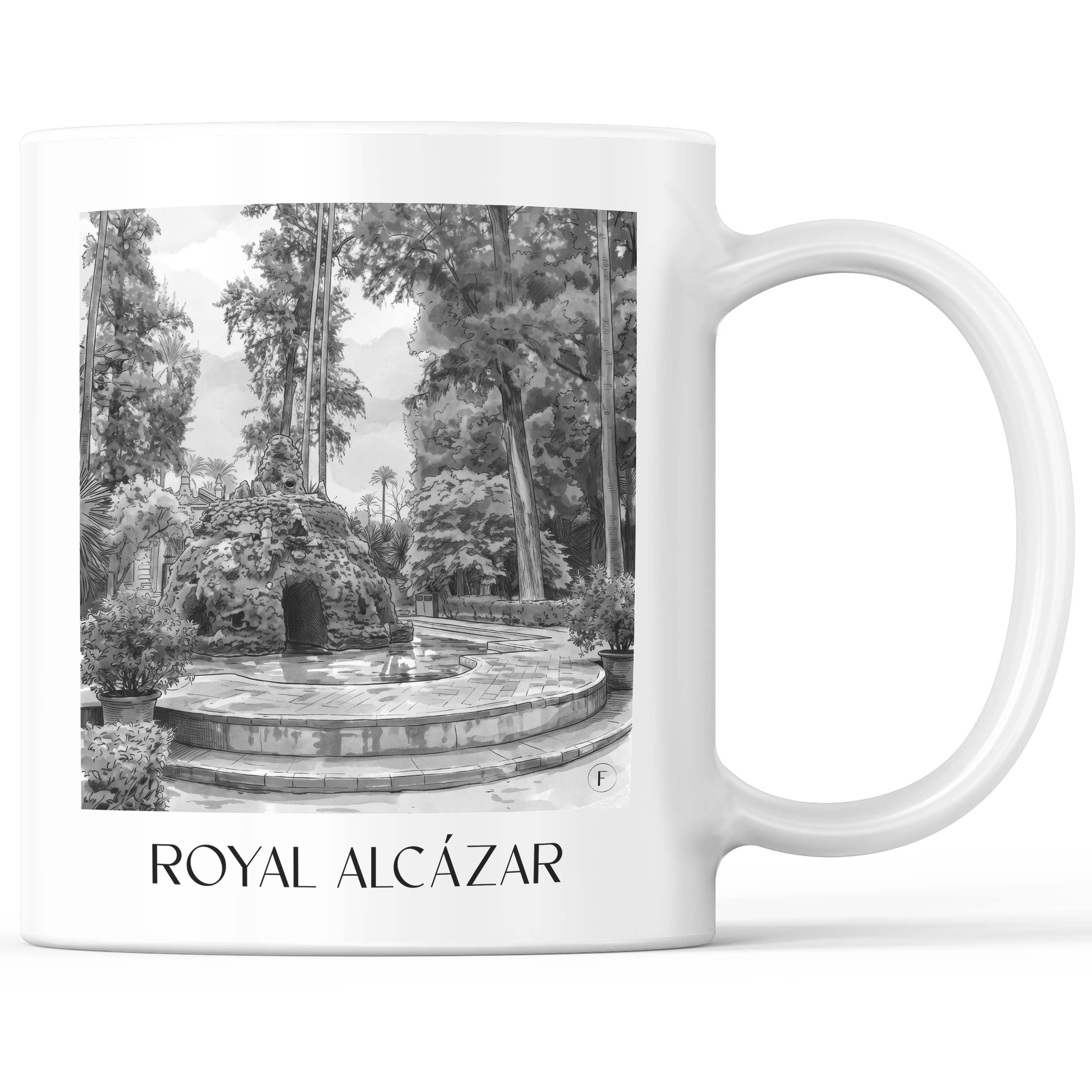 Alcazár Kaffeebecher - Sevilla - Spanien Becher - Kaffeetasse im Aquarell Schwarz-Weiß Stil - favplace