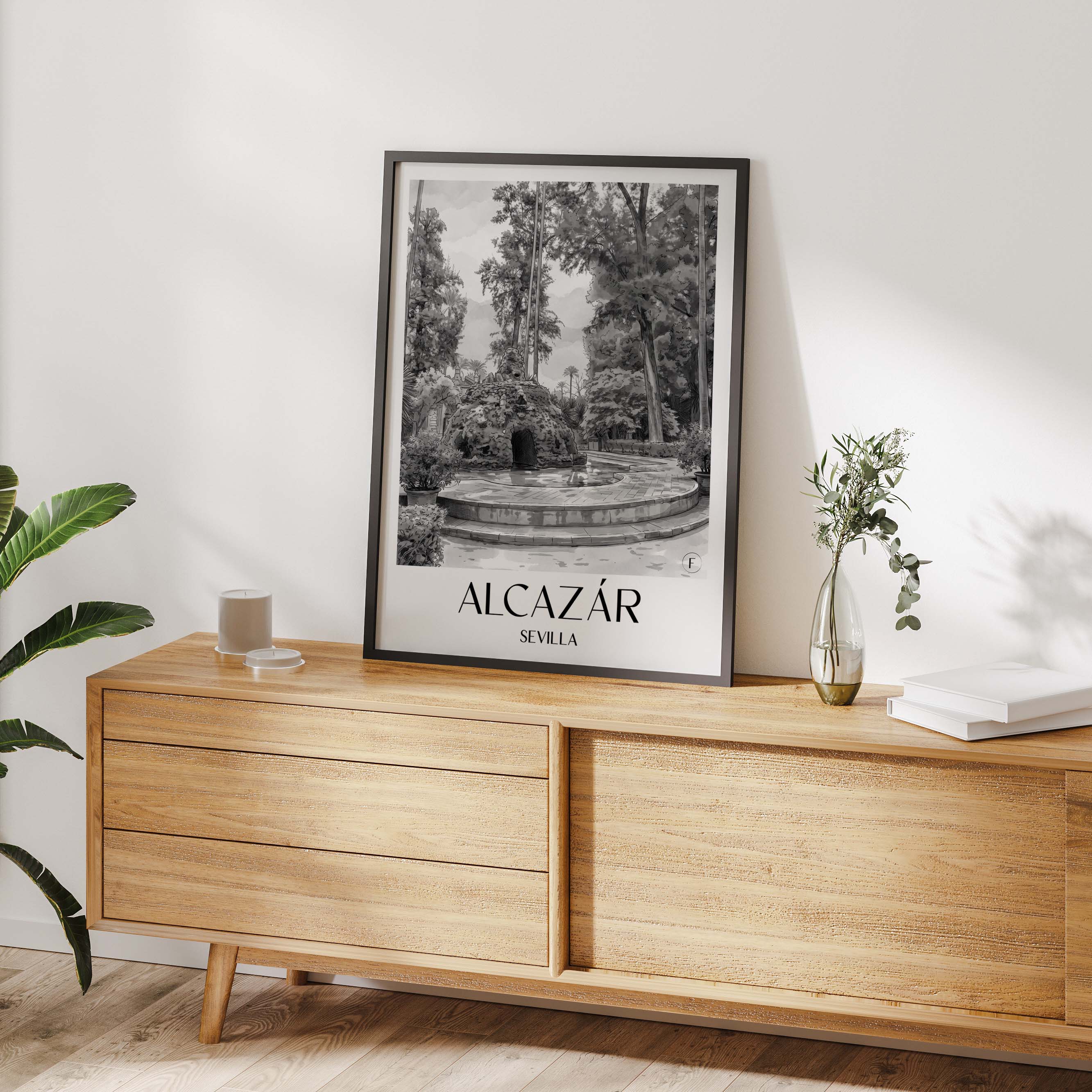 alcazár-sevilla-spanien-poster-aquarell-schwarz-weiss