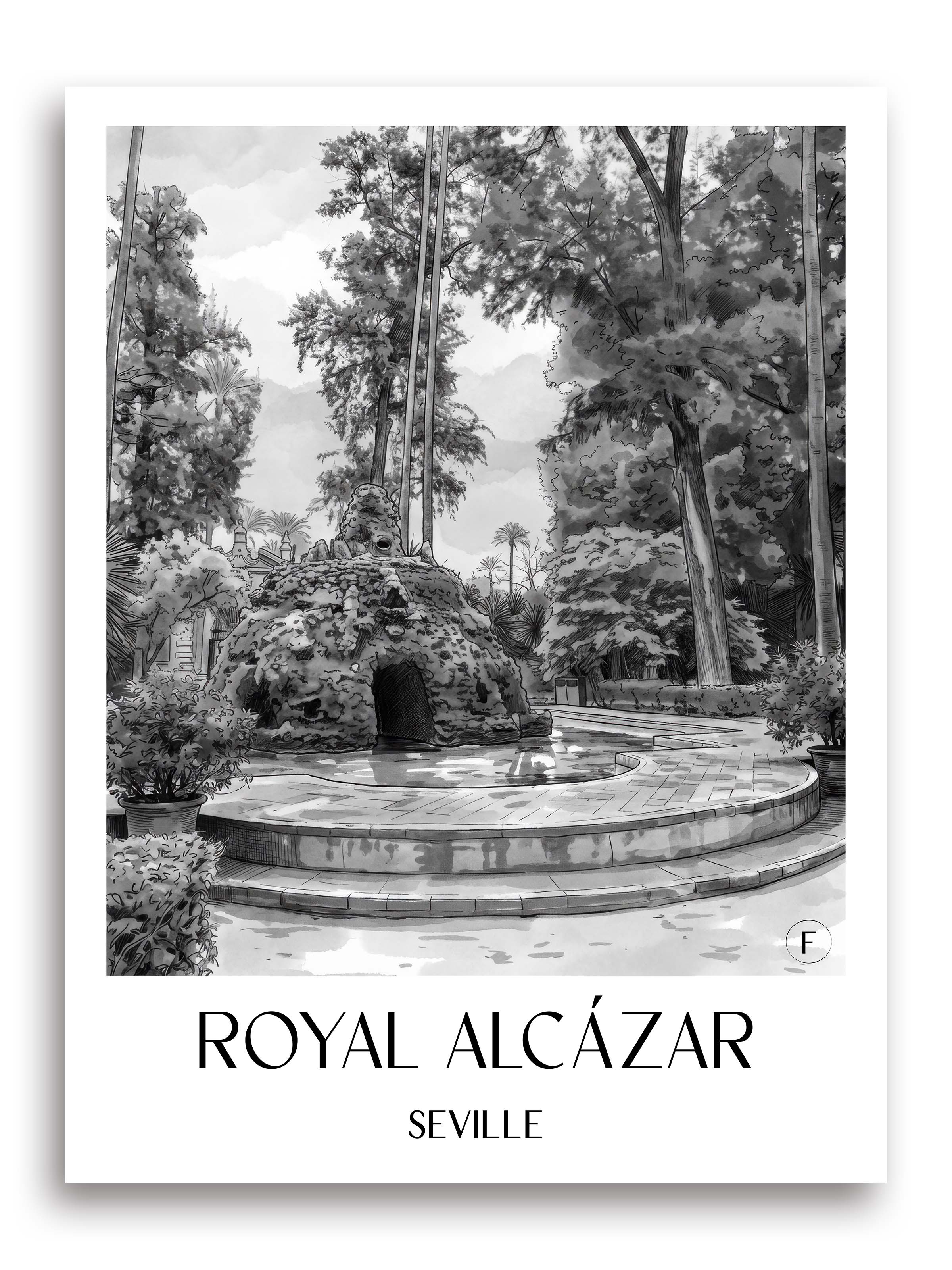 Alcazár Poster - Sevilla - Spanien Kunstdruck - Aquarell Schwarz-Weiß von A4 bis A1 - favplace