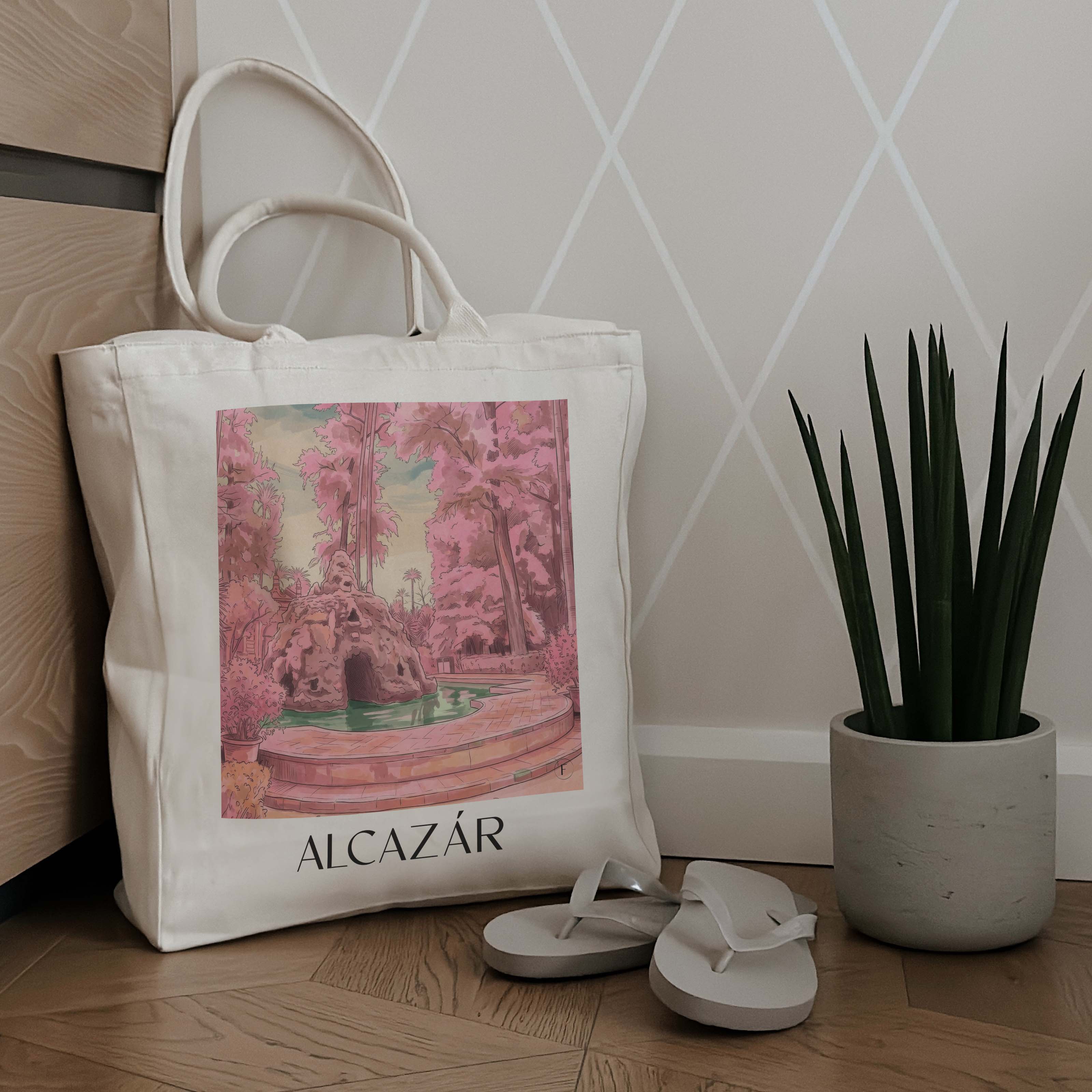 alcazár-sevilla-spanien-einkaufstasche-aquarell-pink-rosa