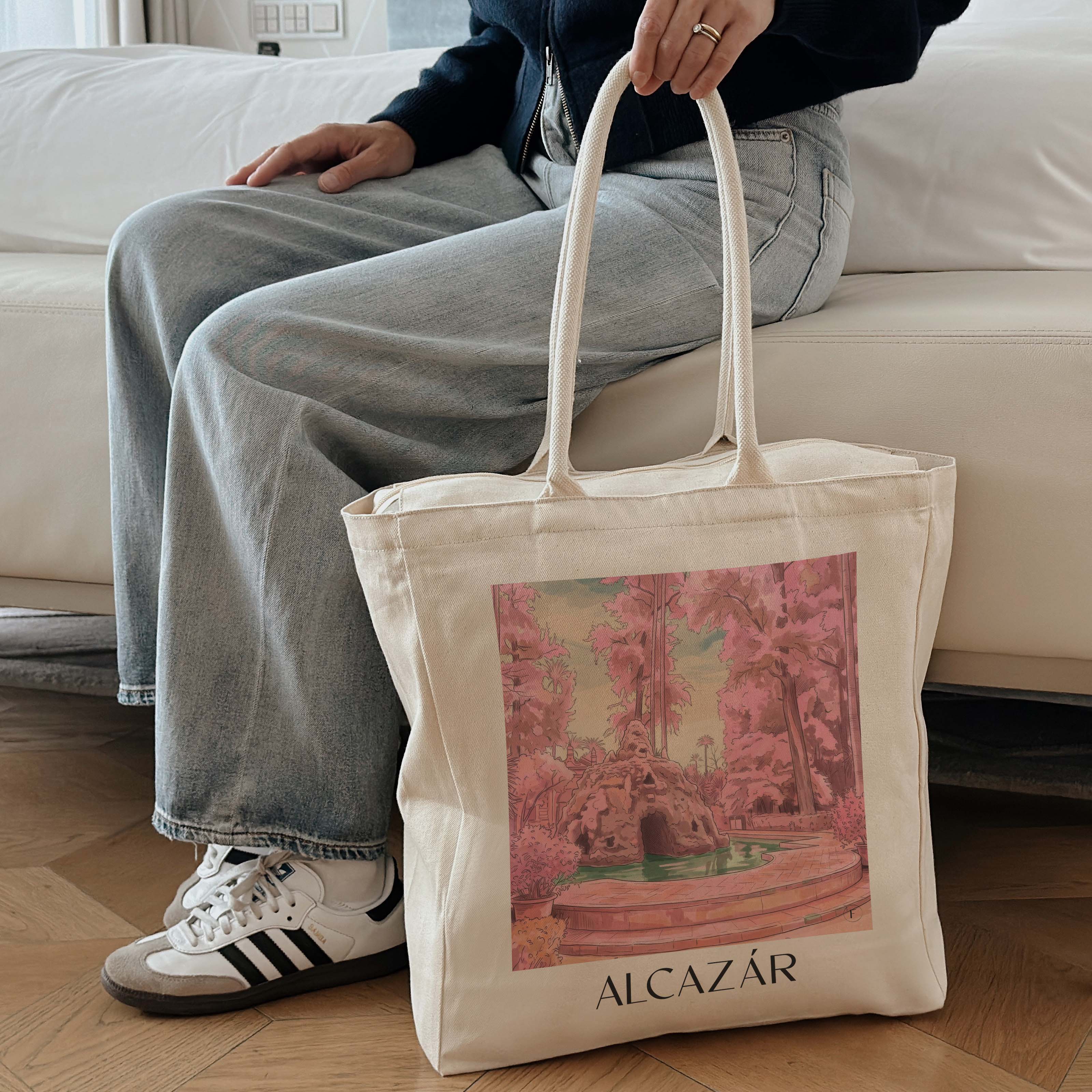 alcazár-sevilla-spanien-einkaufstasche-aquarell-pink-rosa