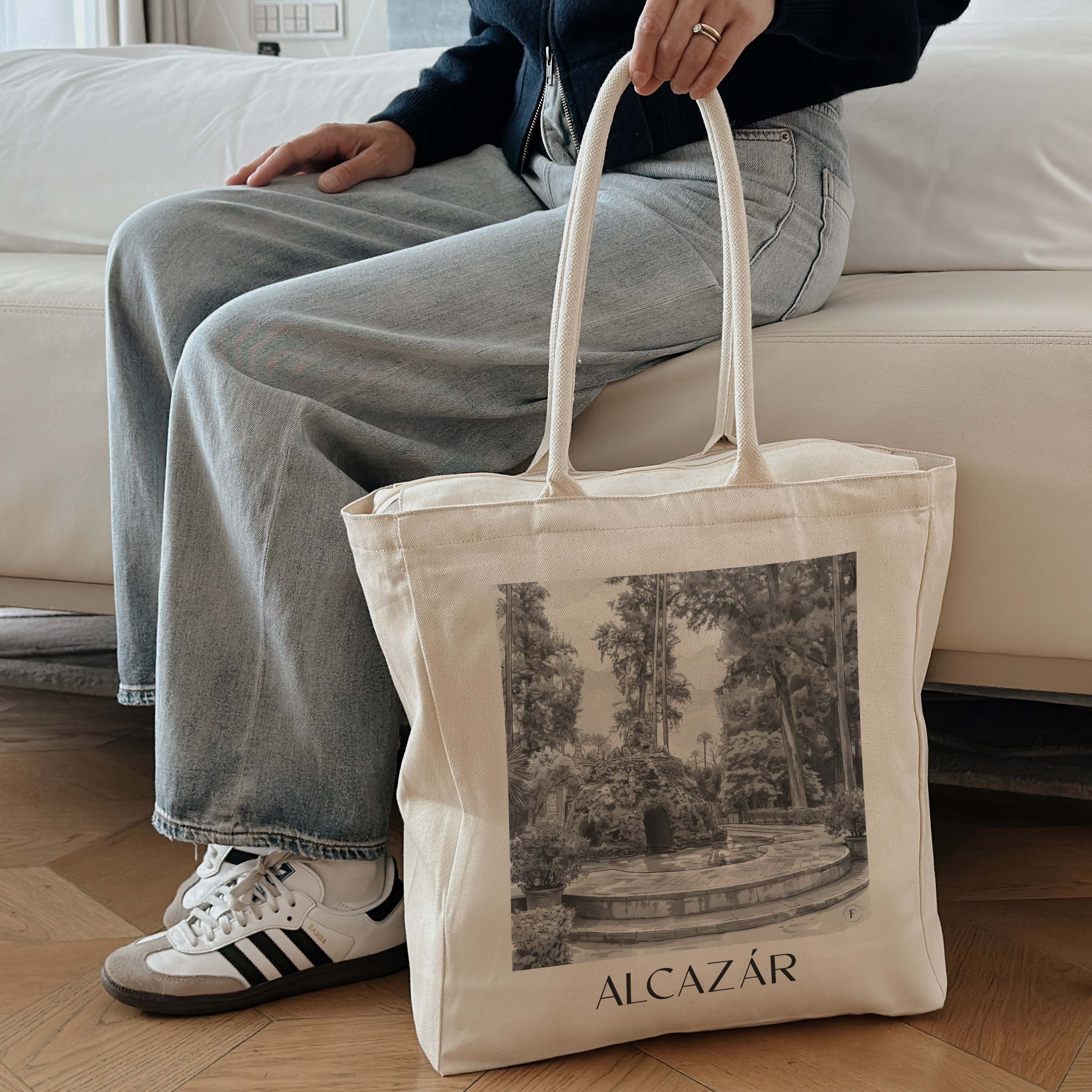 alcazár-sevilla-spanien-einkaufstasche-aquarell-schwarz-weiss