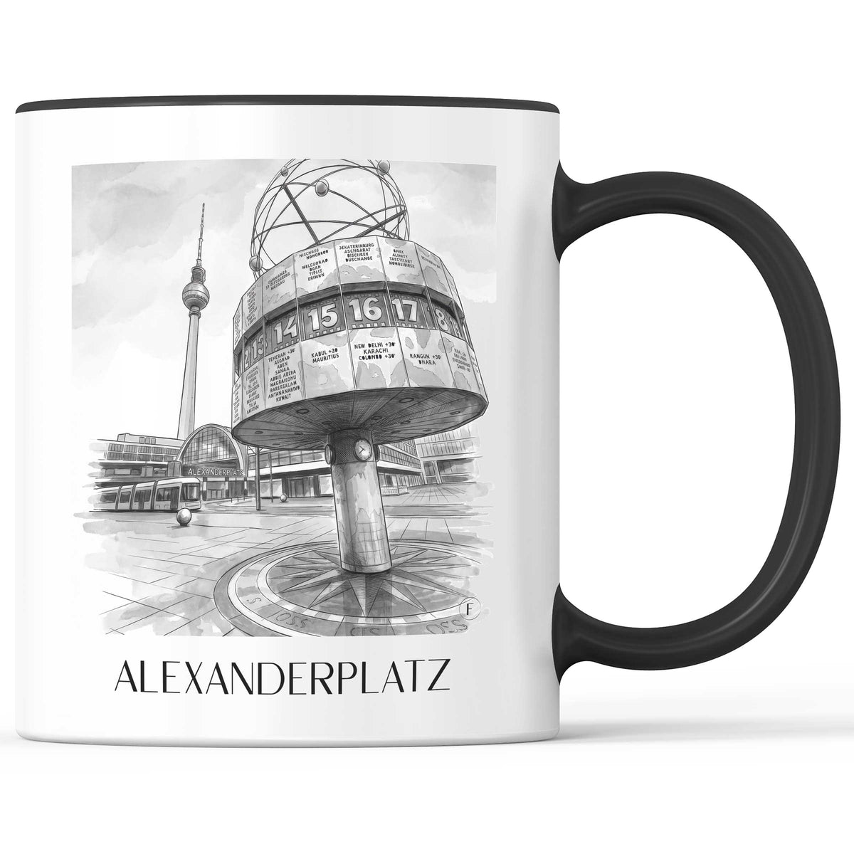 Alexanderplatz Kaffeebecher - Berlin - Deutschland Becher - Kaffeetasse im Aquarell Schwarz-Weiß Stil - favplace