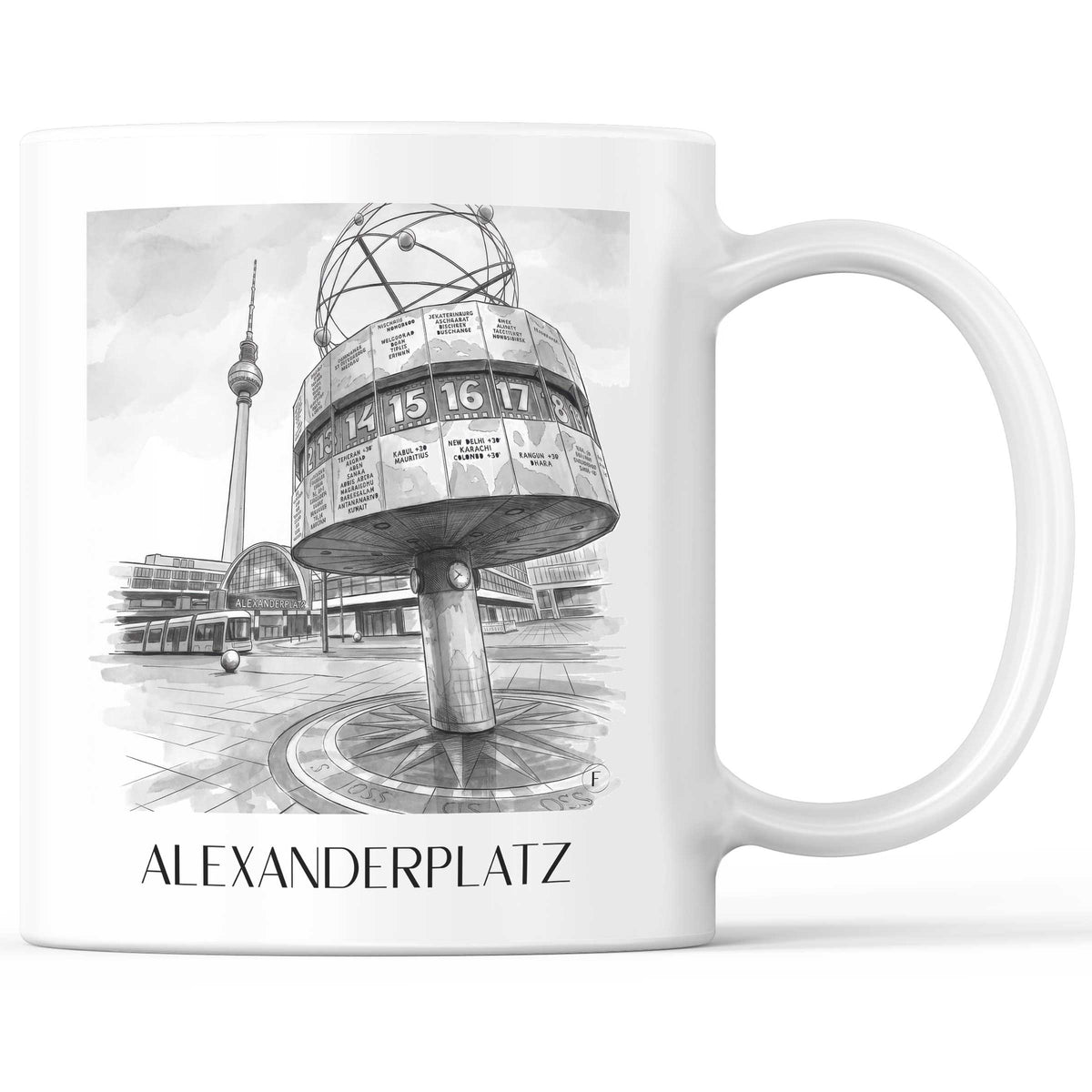 Alexanderplatz Kaffeebecher - Berlin - Deutschland Becher - Kaffeetasse im Aquarell Schwarz-Weiß Stil - favplace