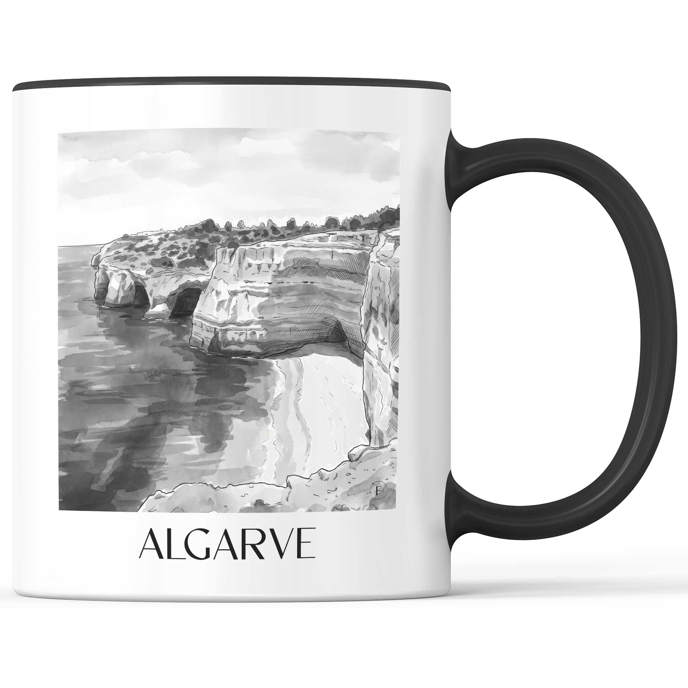 Algarve - Portugal Becher - Kaffeetasse im Aquarell Schwarz-Weiß Stil - favplace