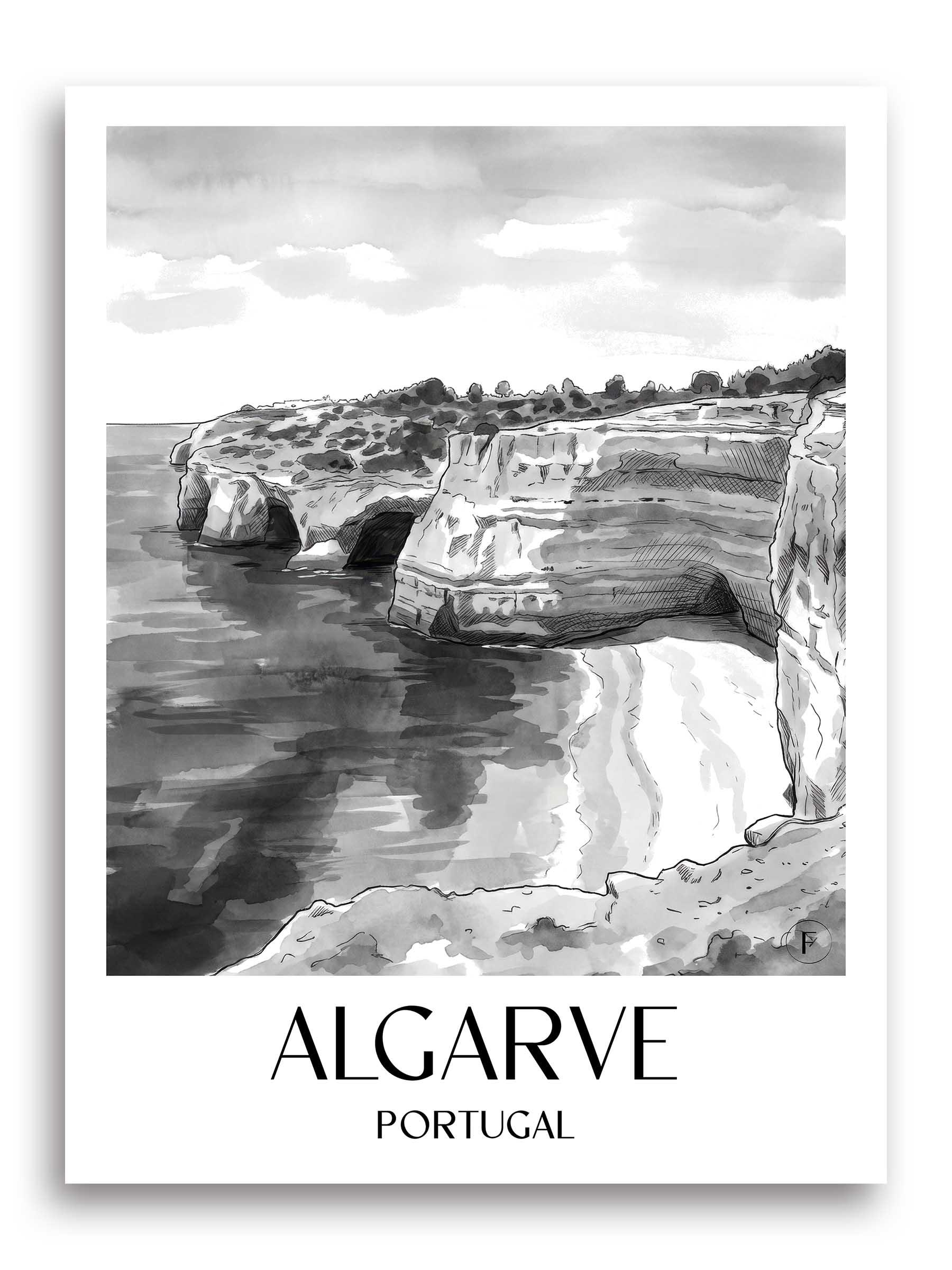 algarve-portugal-poster-aquarell-schwarz-weiss