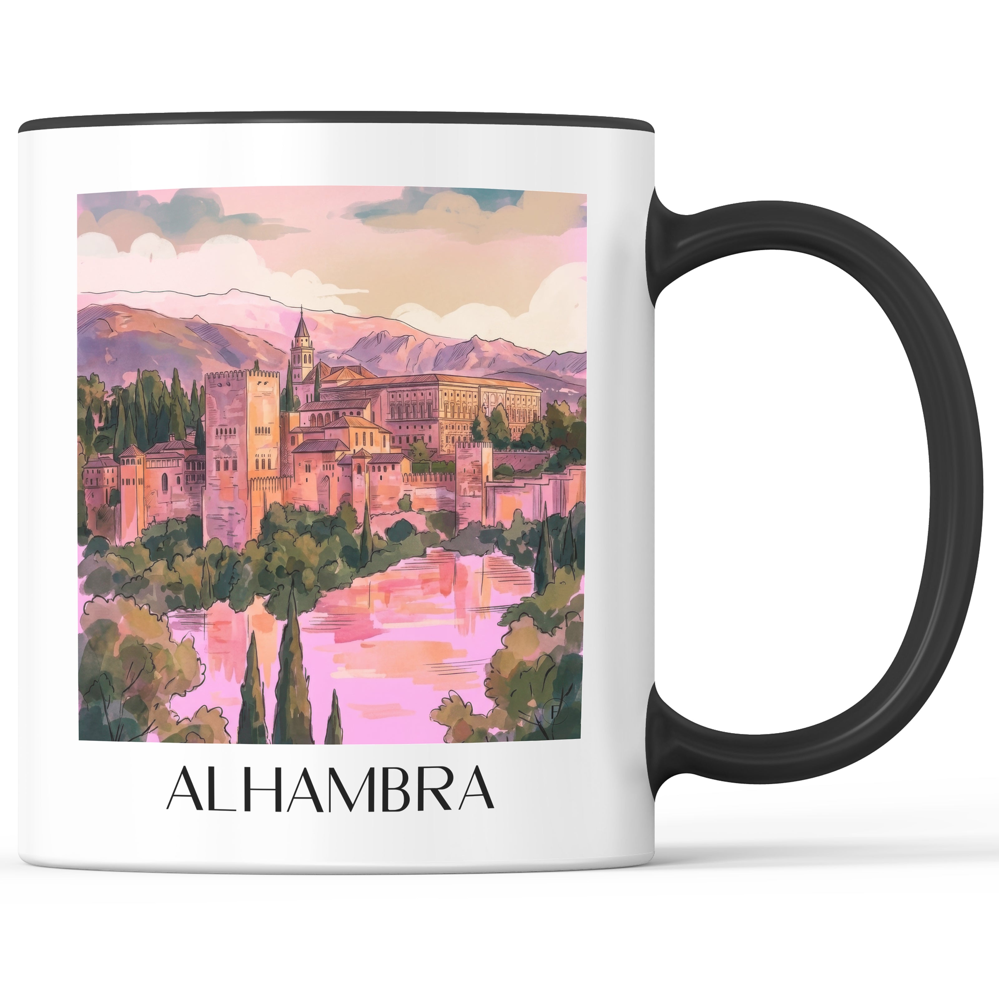 Alhambra Kaffeebecher - Granada - Spanien Becher - Kaffeetasse im Aquarell Pink Stil - favplace
