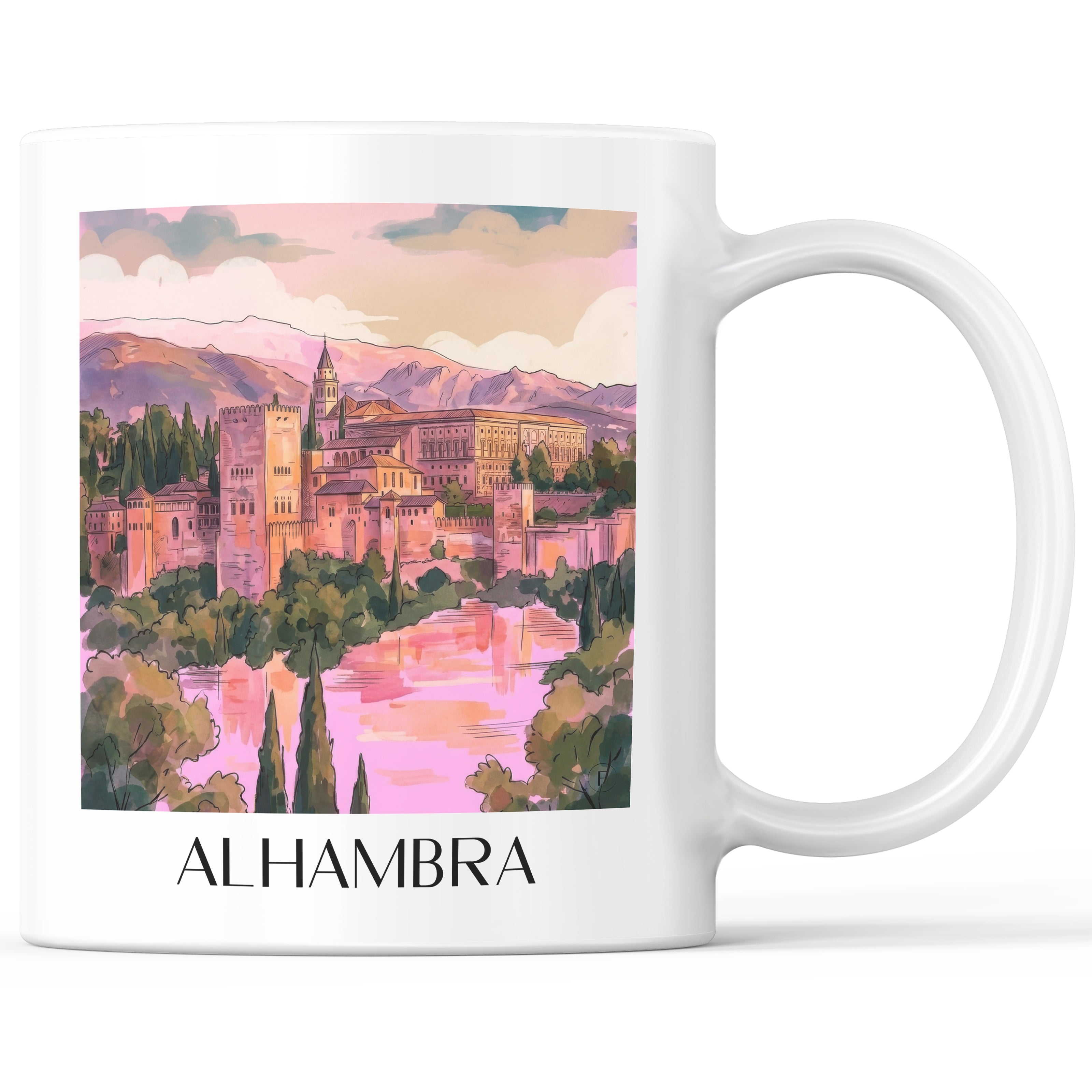 Alhambra Kaffeebecher - Granada - Spanien Becher - Kaffeetasse im Aquarell Pink Stil - favplace