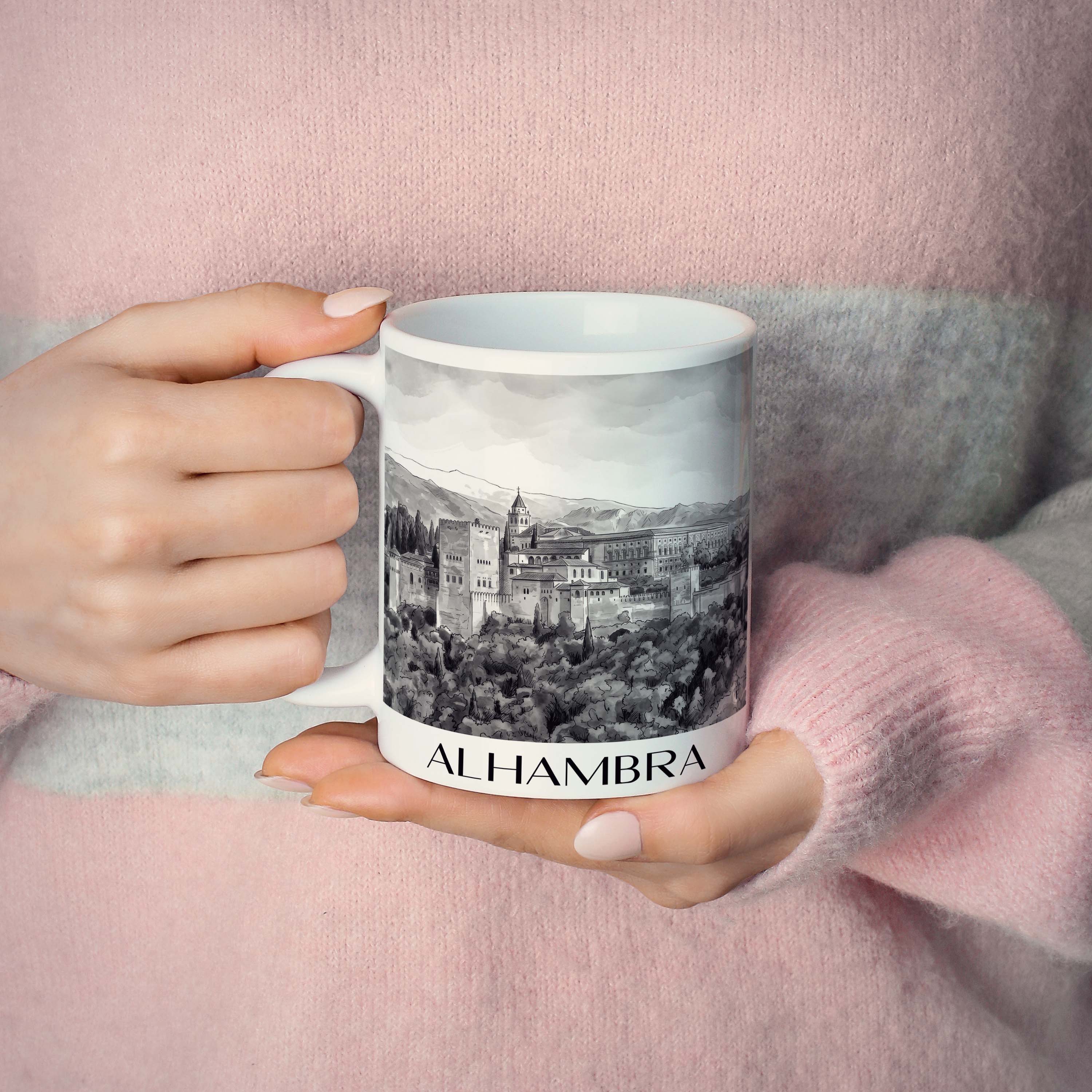alhambra-granada-spanien-kaffeebecher-aquarell-schwarz-weiss