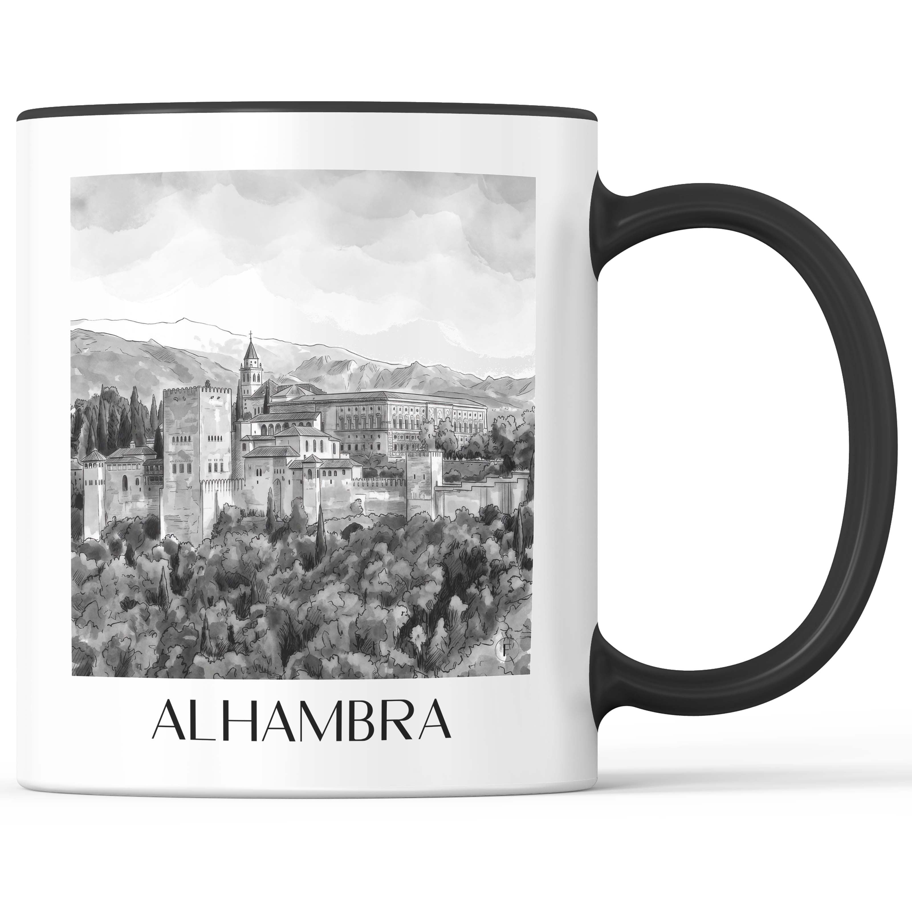 Alhambra Kaffeebecher - Granada - Spanien Becher - Kaffeetasse im Aquarell Schwarz-Weiß Stil - favplace