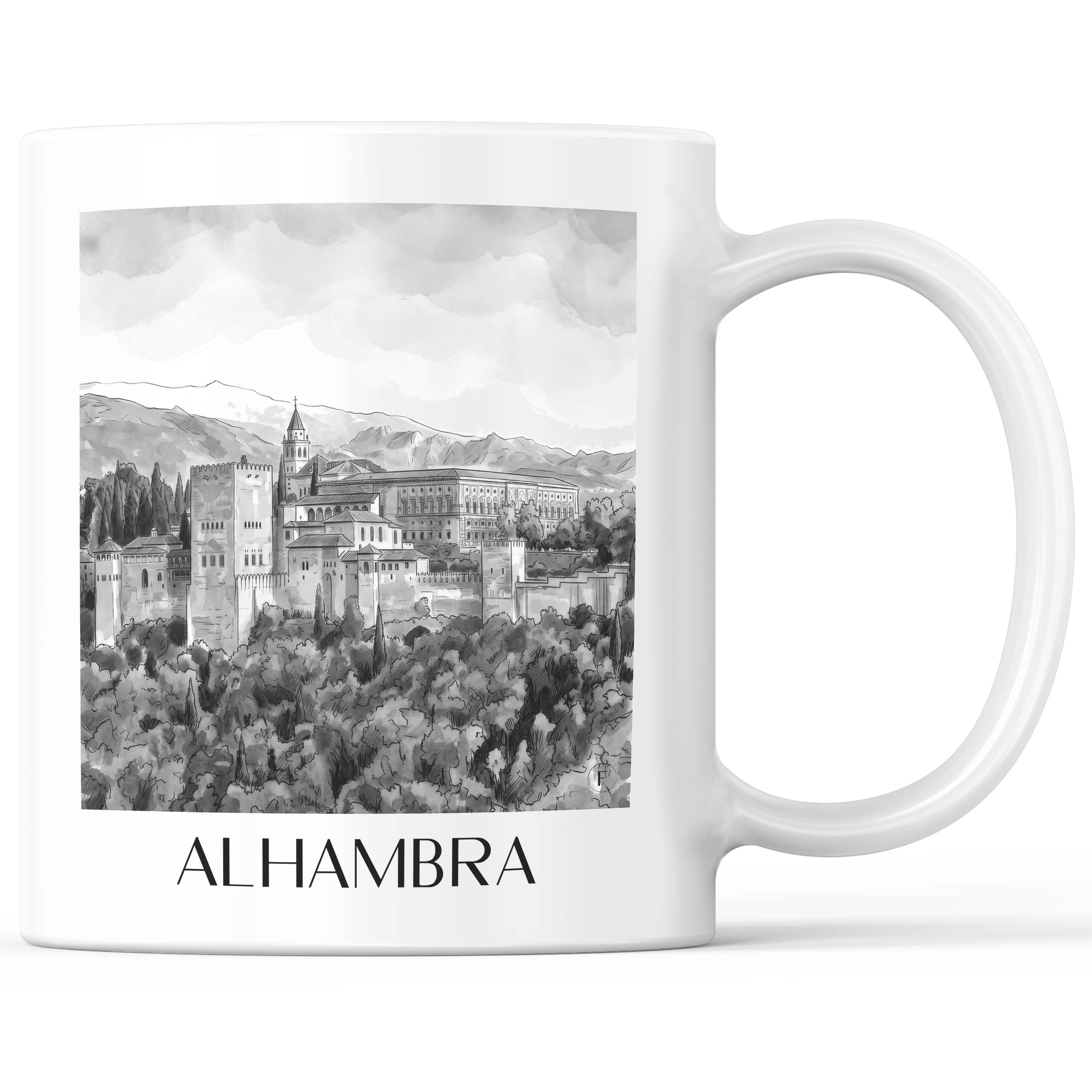 Alhambra Kaffeebecher - Granada - Spanien Becher - Kaffeetasse im Aquarell Schwarz-Weiß Stil - favplace