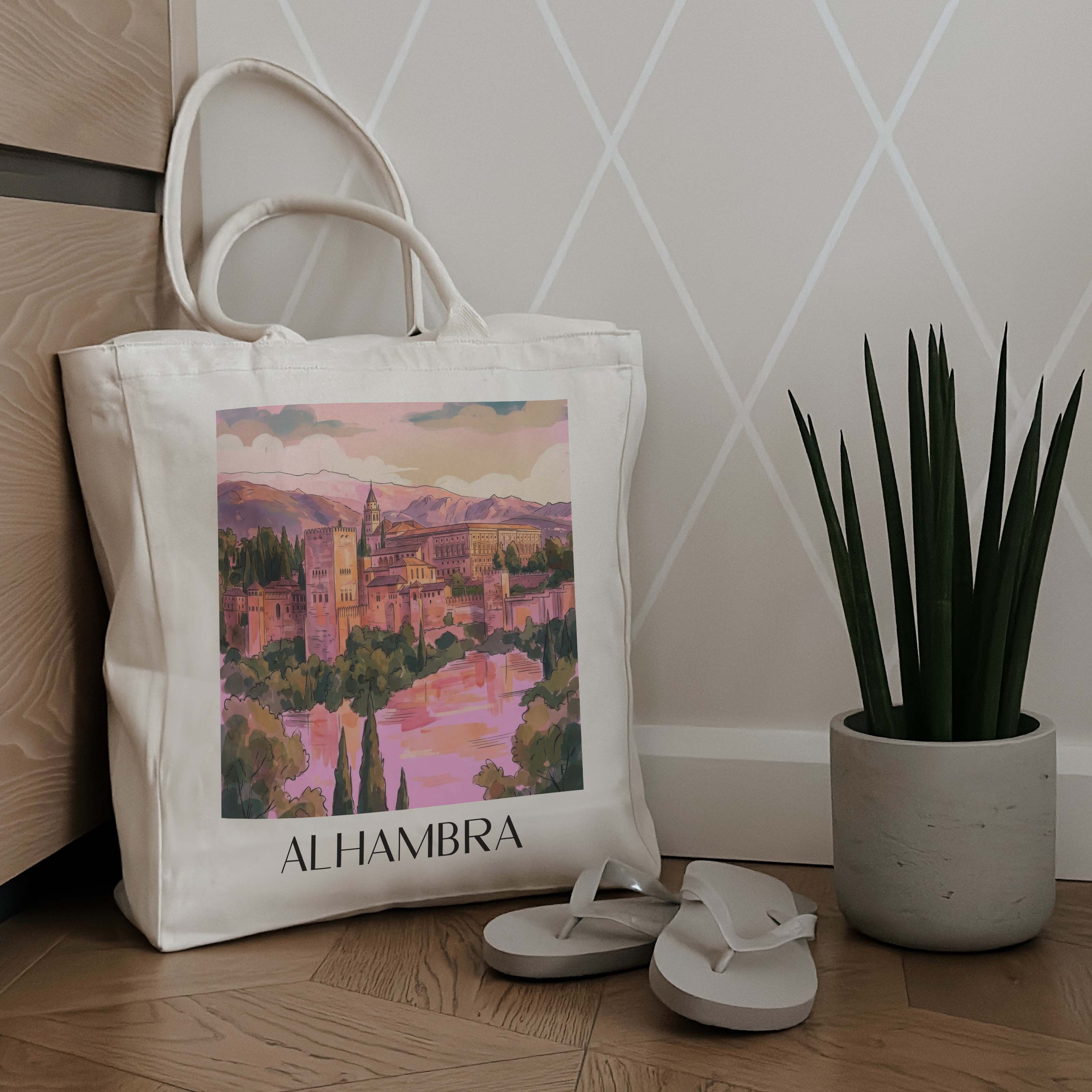 alhambra-granada-spanien-einkaufstasche-aquarell-pink-rosa