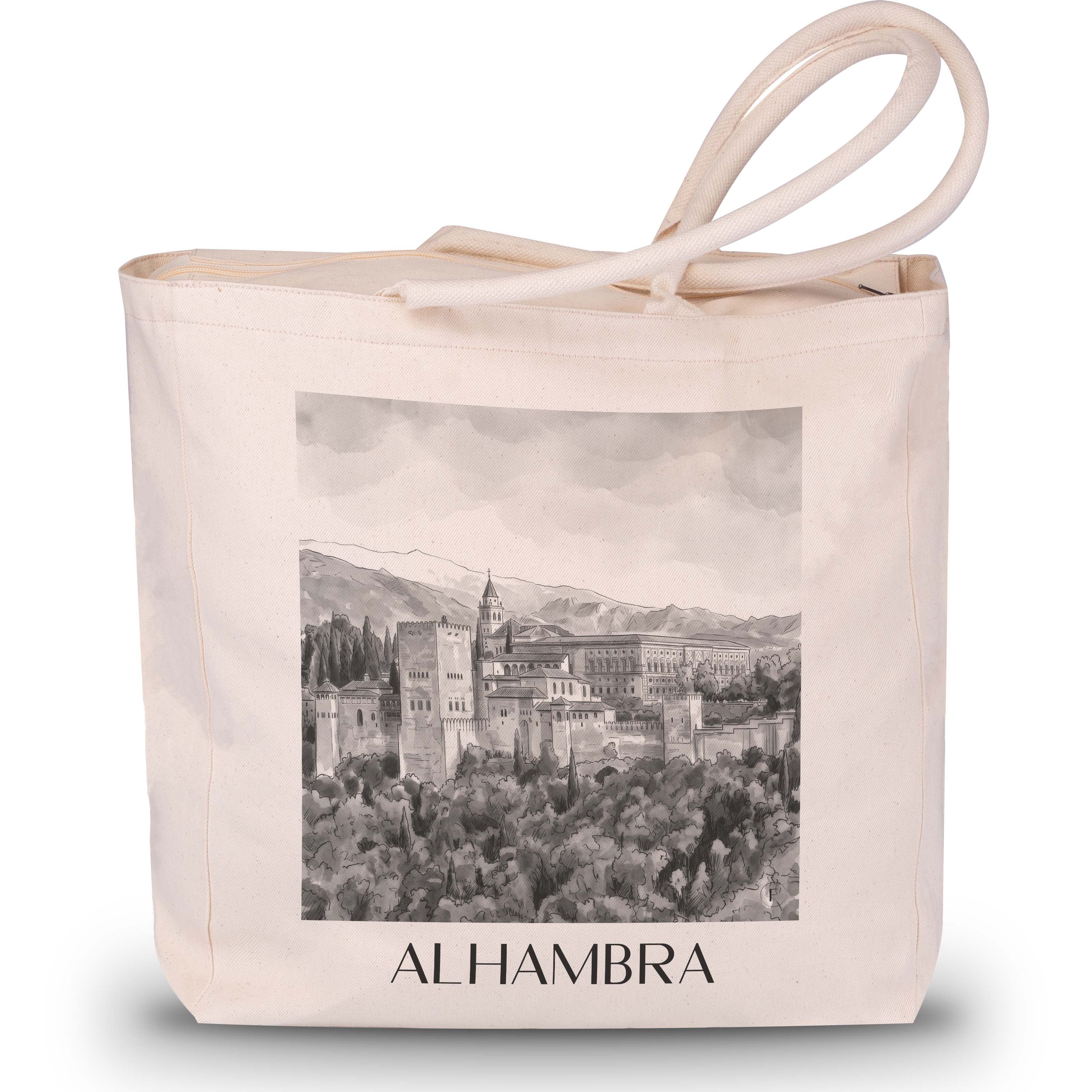 Alhambra Shopping Tasche - Granada - Spanien Tote Bag - Einkaufstasche im Aquarell Schwarz-Weiß Stil - favplace