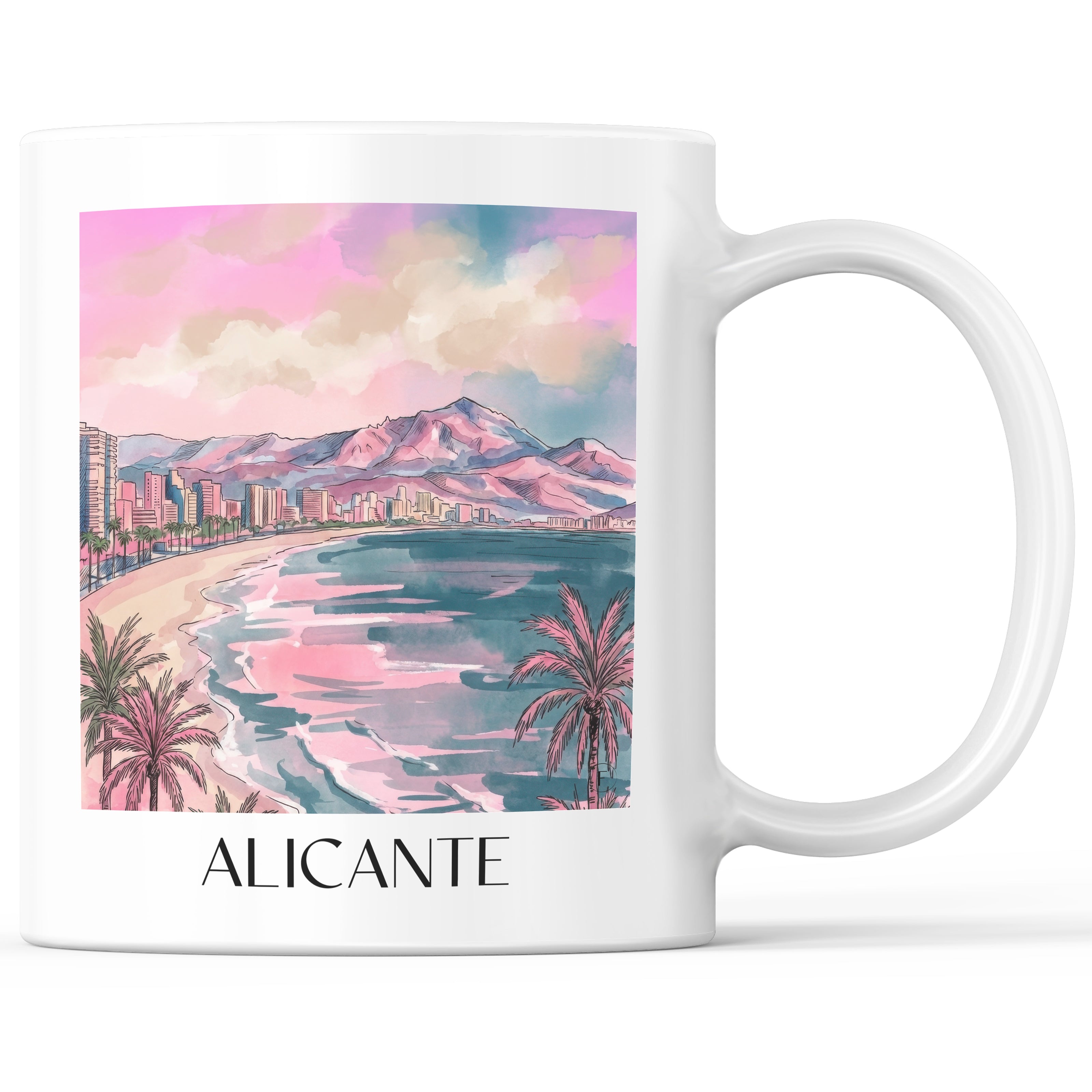 Alicante Kaffeebecher - Spanien - Spanien Becher - Kaffeetasse im Aquarell Pink Stil - favplace