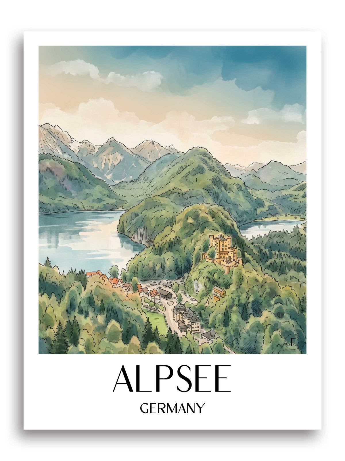 Alpsee Poster - Ostallgäu - Deutschland Kunstdruck - Aquarell von A4 bis A1 - favplace