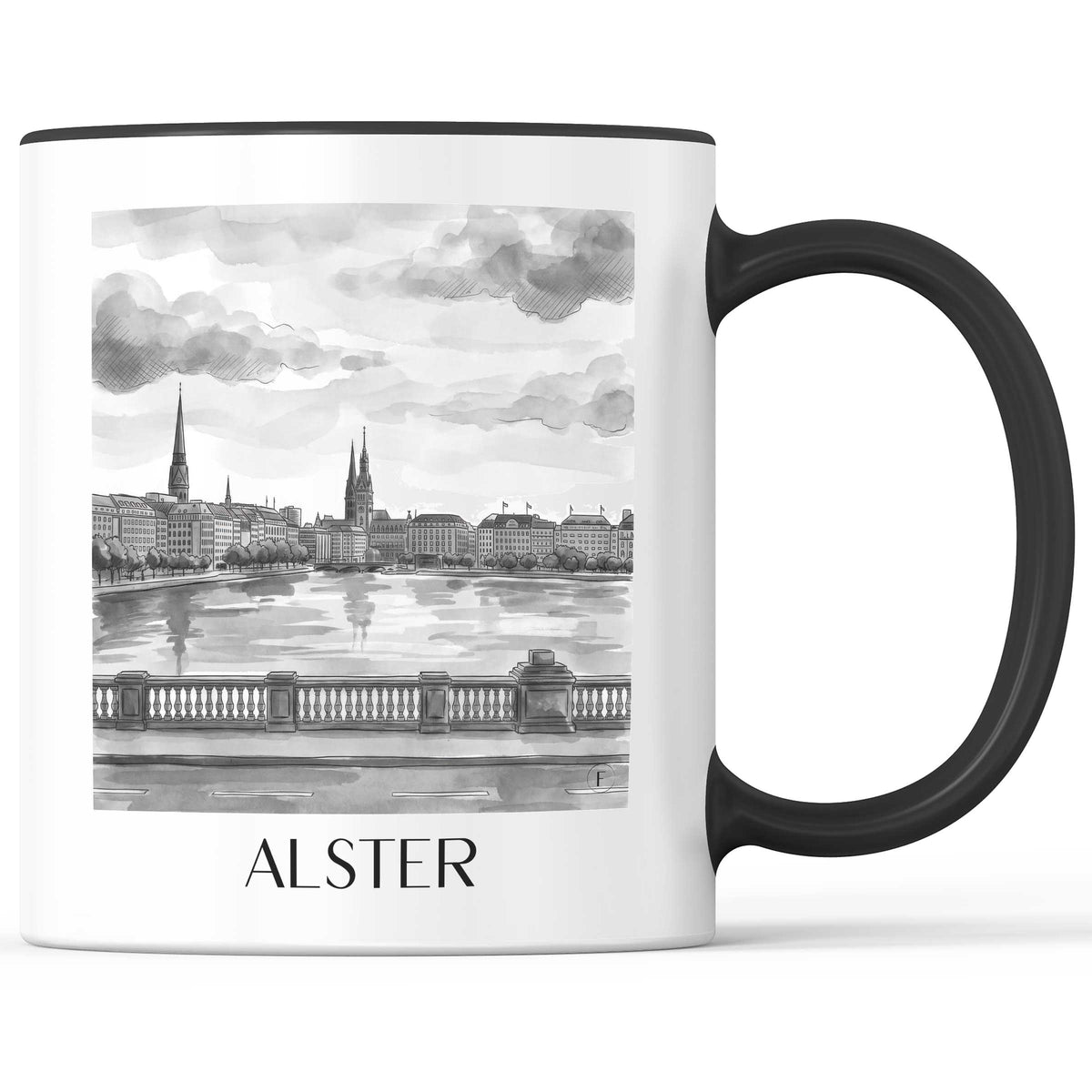 Alster Kaffeebecher - Hamburg - Deutschland Becher - Kaffeetasse im Aquarell Schwarz-Weiß Stil - favplace