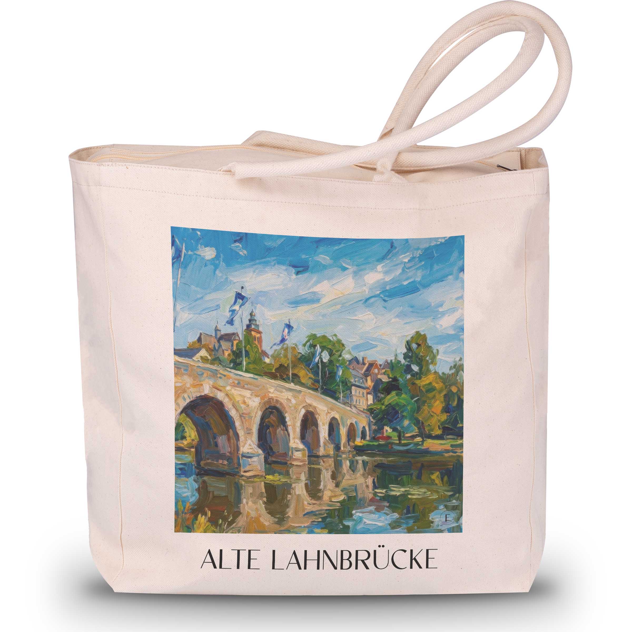 alte-lahnbrücke-wetzlar-deutschland-einkaufstasche-oil-painting-oelgemaelde