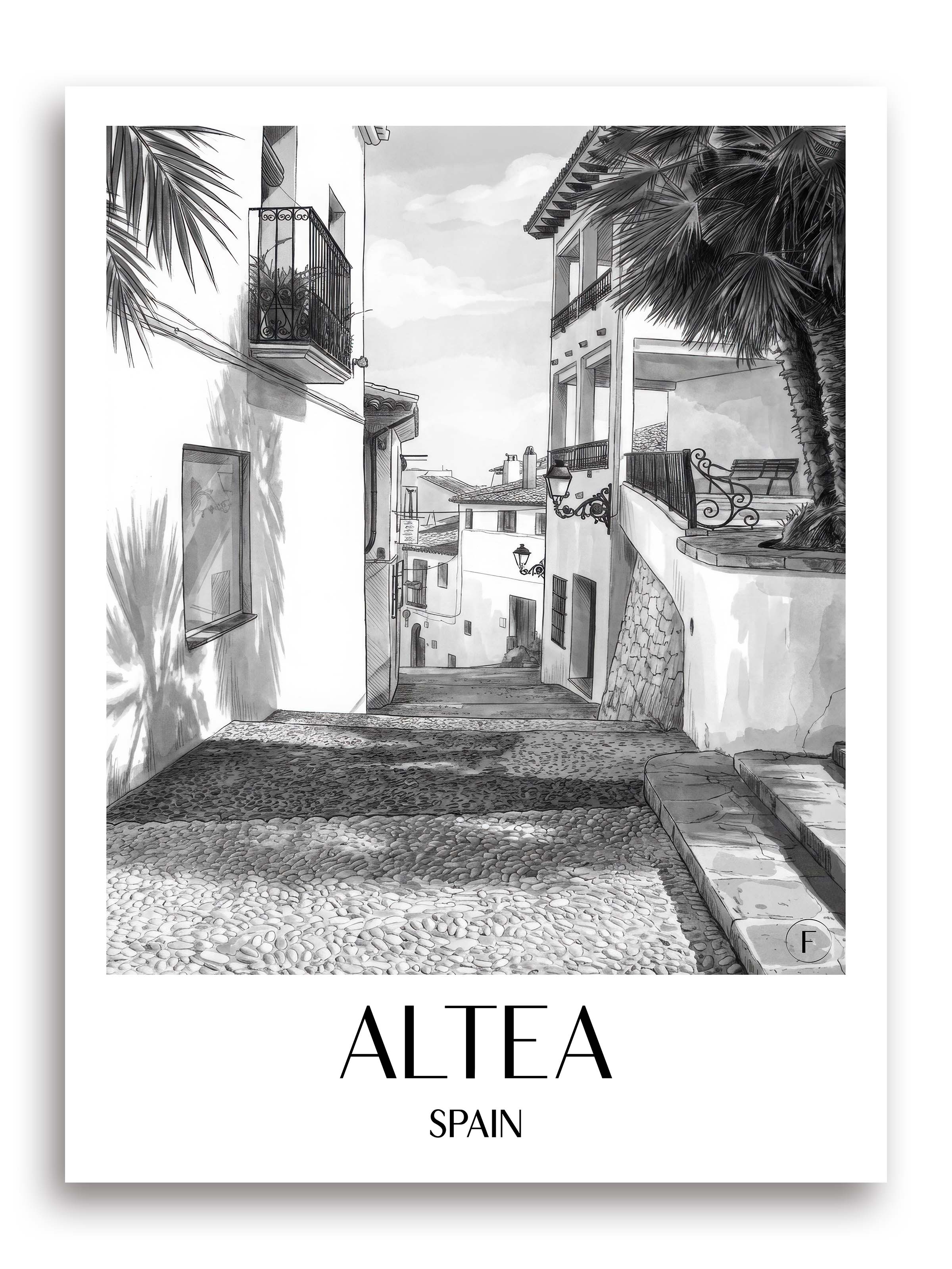 Altea Poster - Spanien - Spanien Kunstdruck - Aquarell Schwarz-Weiß von A4 bis A1 - favplace