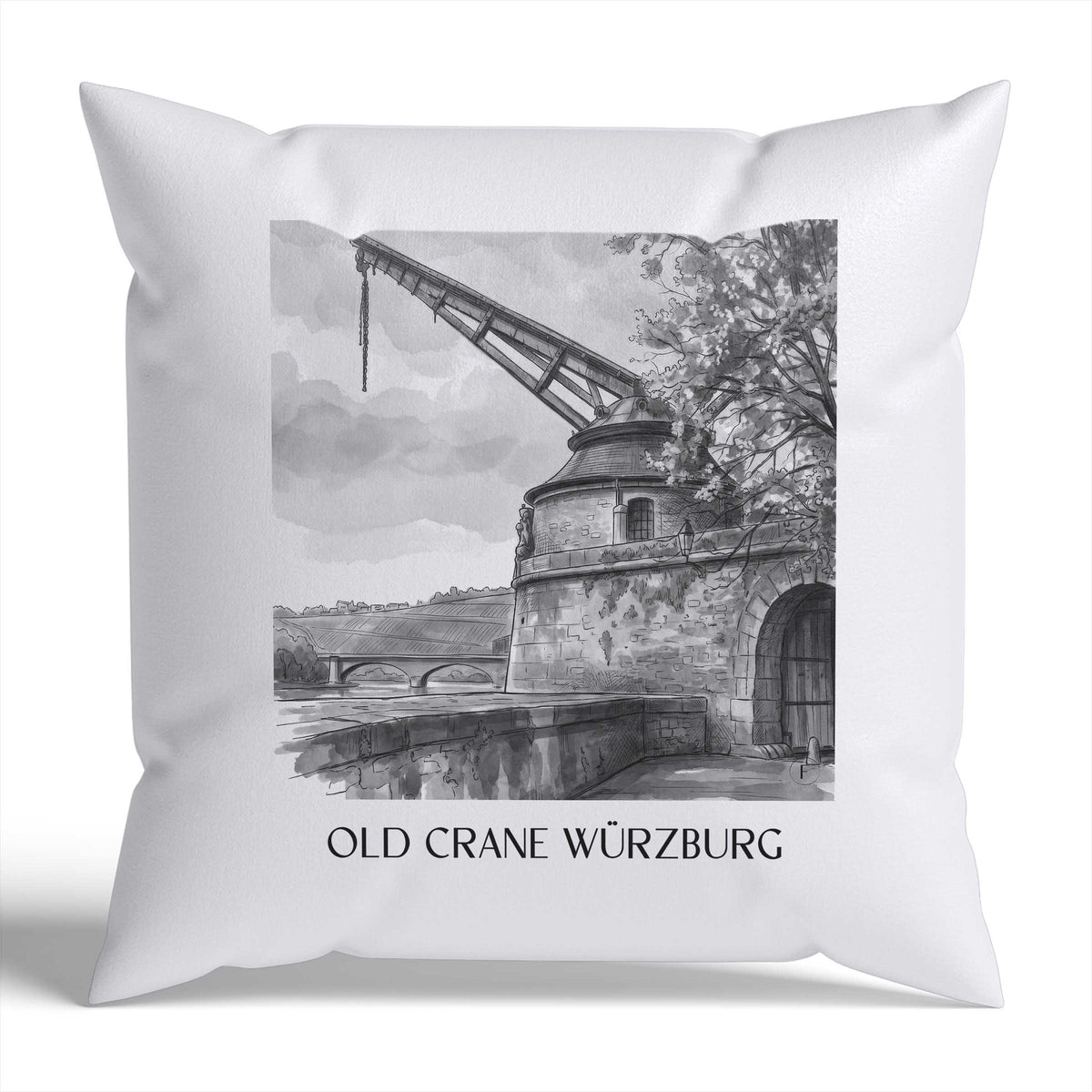 Alter Kranen Kissenhülle - Zierkissen Bezug - Würzburg - Deutschland Kissen bzw. Kissenbezug im Aquarell Schwarz-Weiß Stil - favplace
