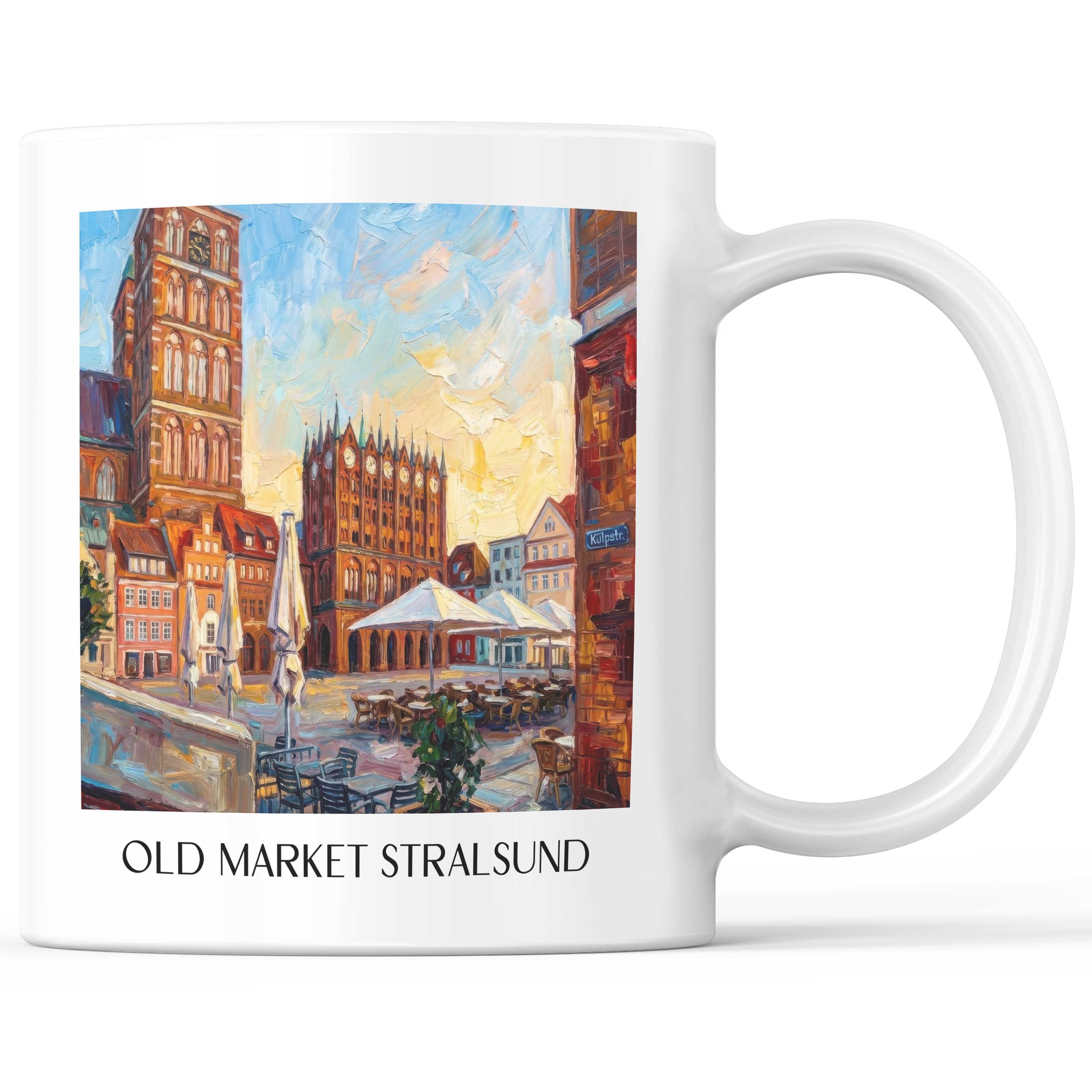 Alter Markt Kaffeebecher - Stralsund - Deutschland Becher - Kaffeetasse im Ölgemälde Stil - favplace